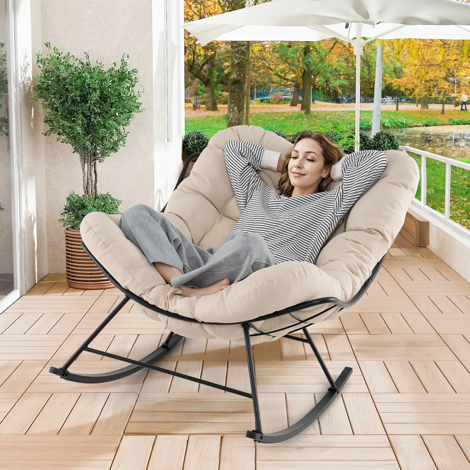 Oversized Egg Papasan Chair, Padded Cushion, Beige - Image 3