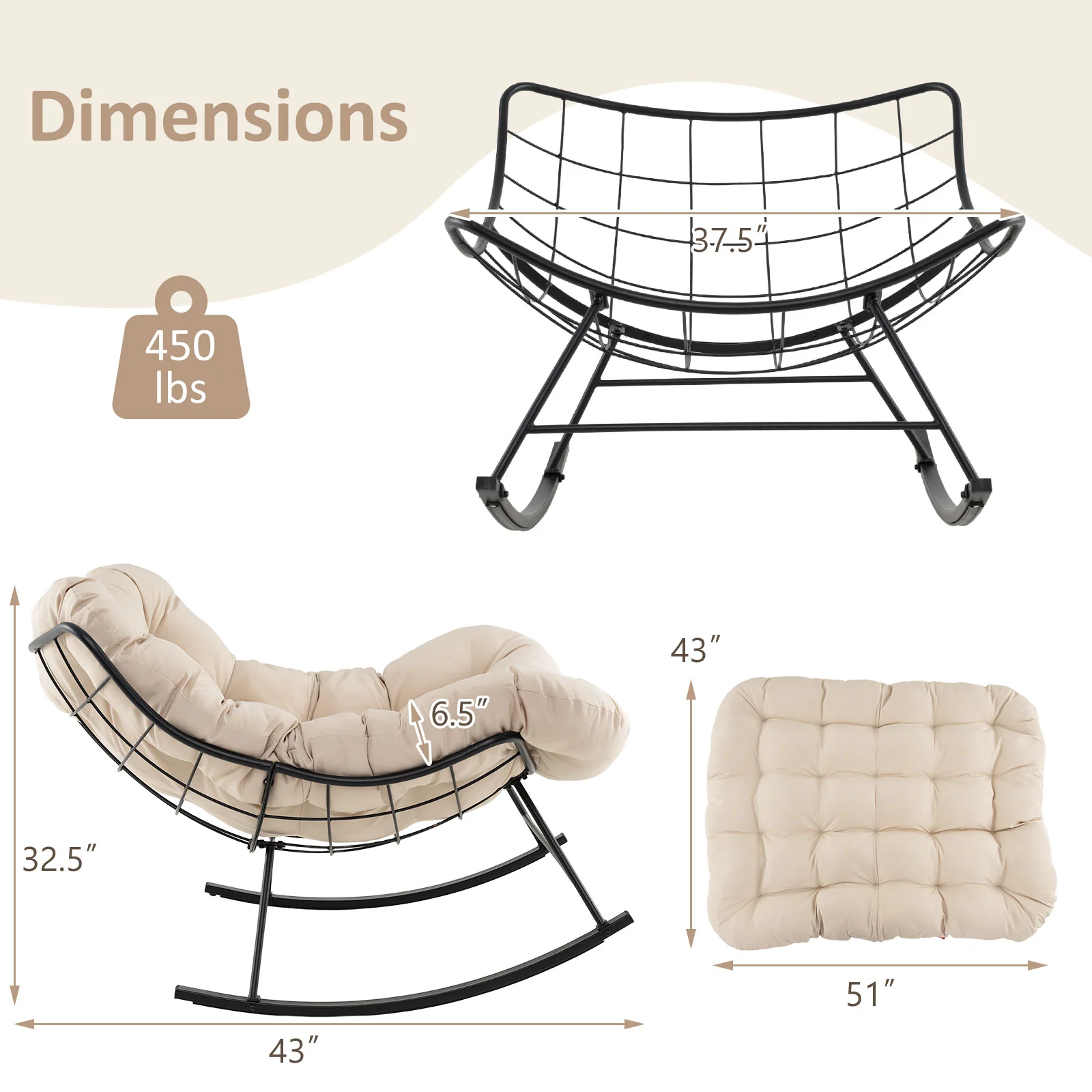Oversized Egg Papasan Chair, Padded Cushion, Beige - Image 5