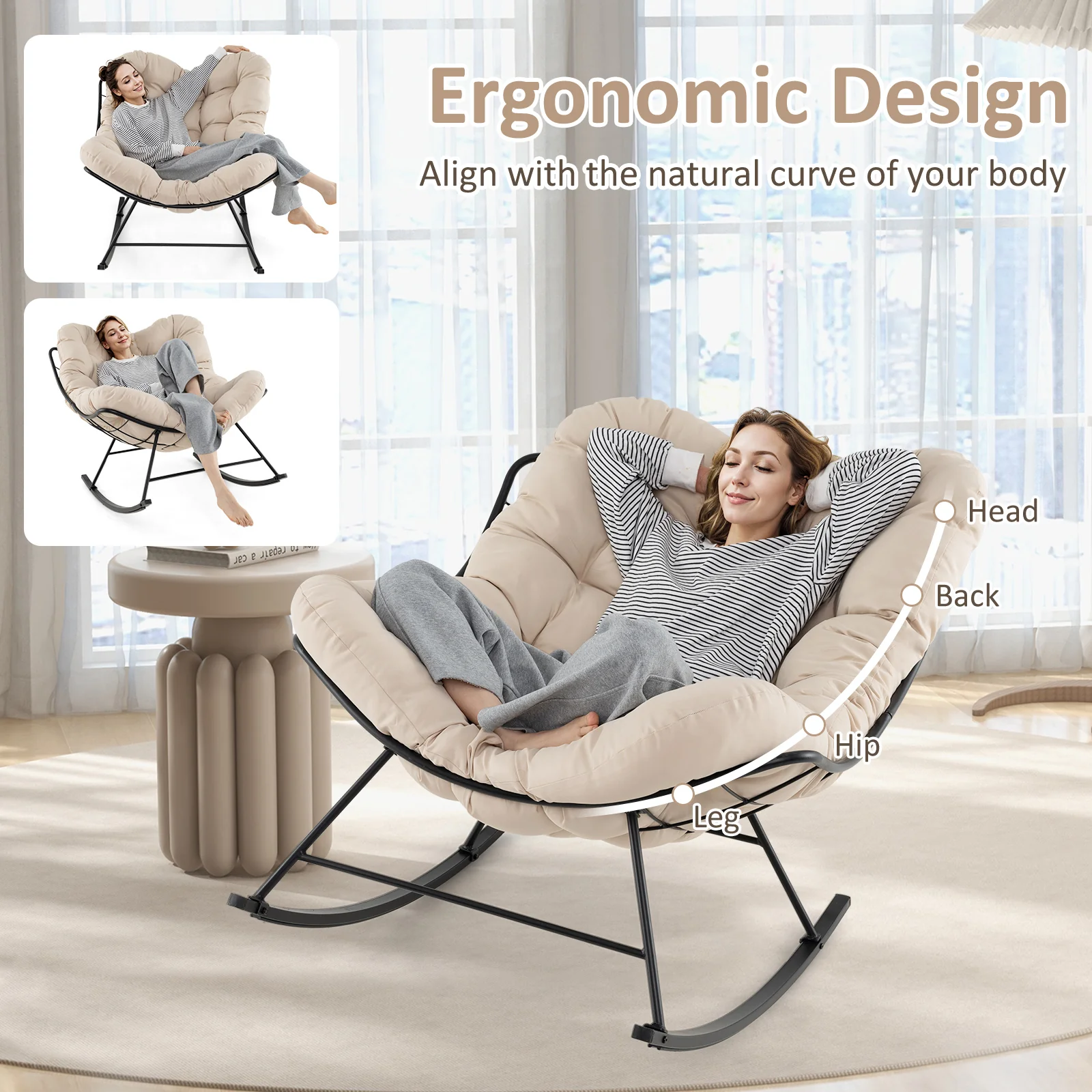 Oversized Egg Papasan Chair, Padded Cushion, Beige - Image 8