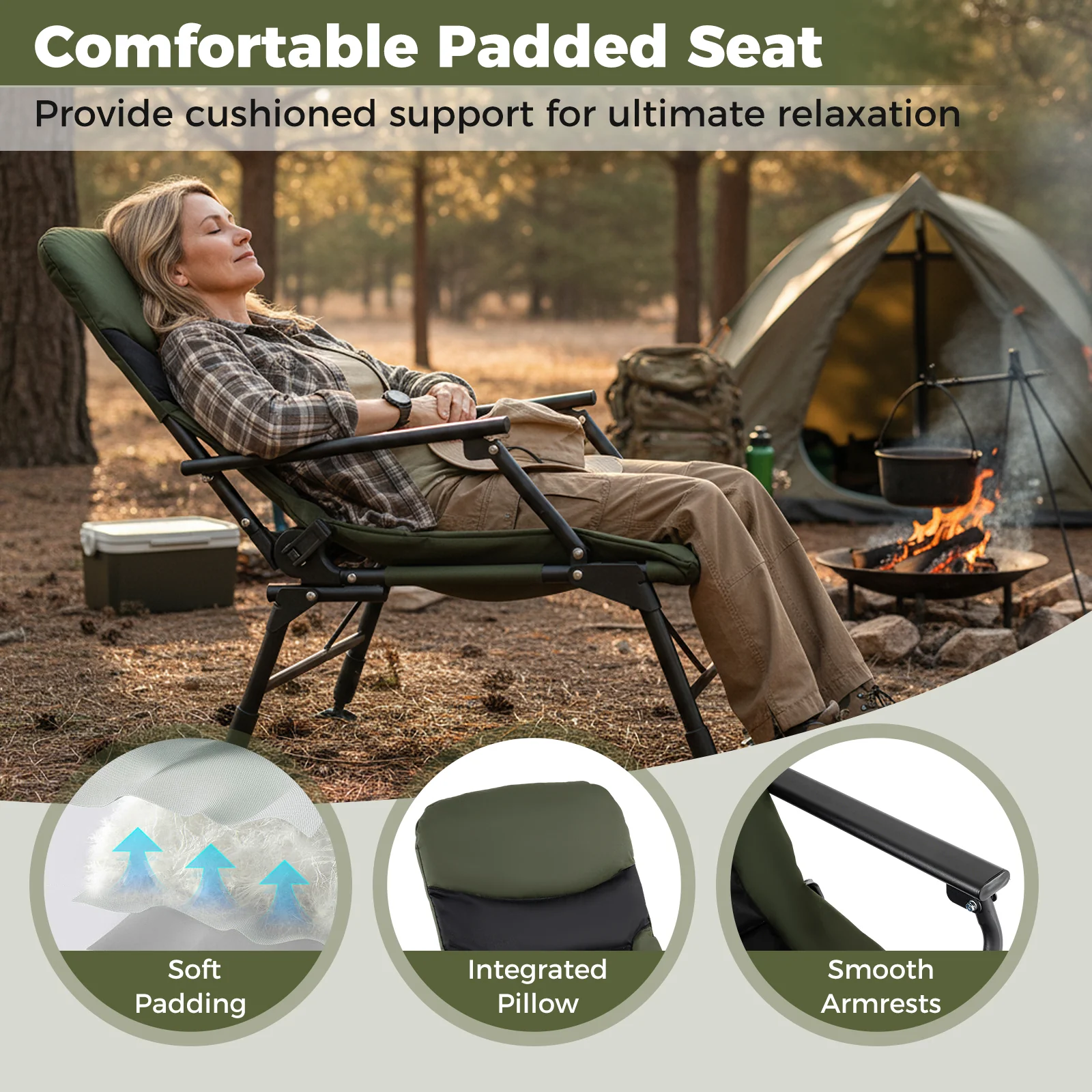 Oversized Foldable Fishing Chair for Adults with Armrest, Green - Image 10