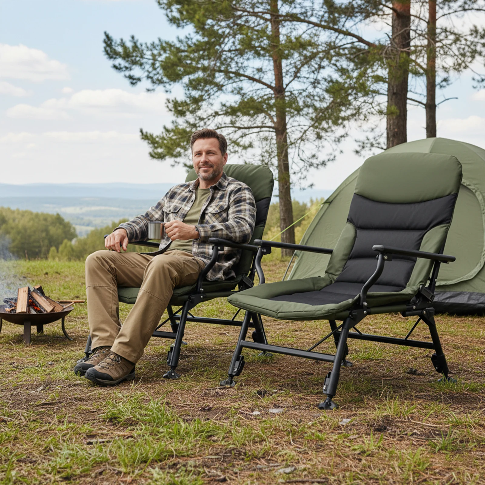 Oversized Foldable Fishing Chair for Adults with Armrest, Green - Image 3