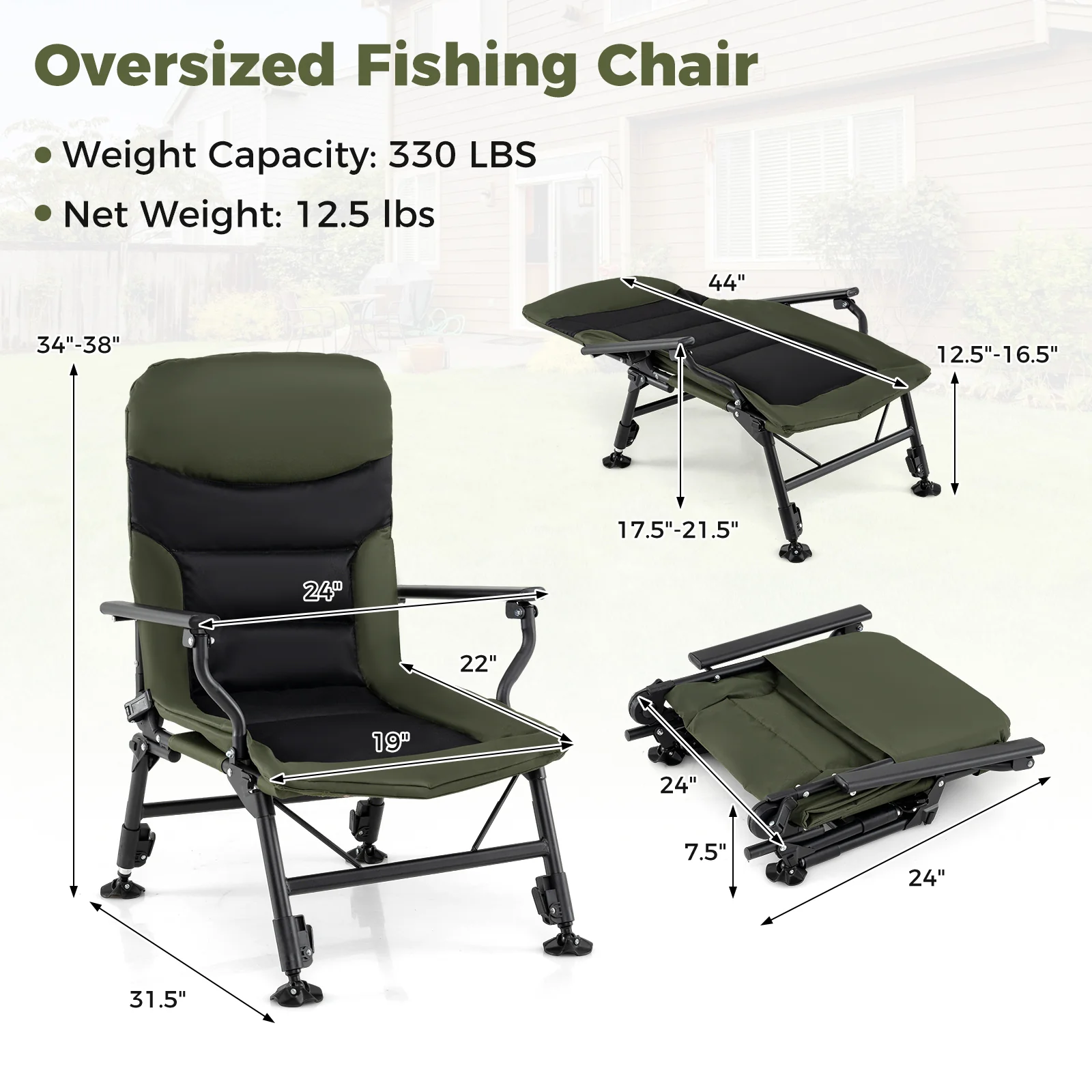 Oversized Foldable Fishing Chair for Adults with Armrest, Green - Image 5