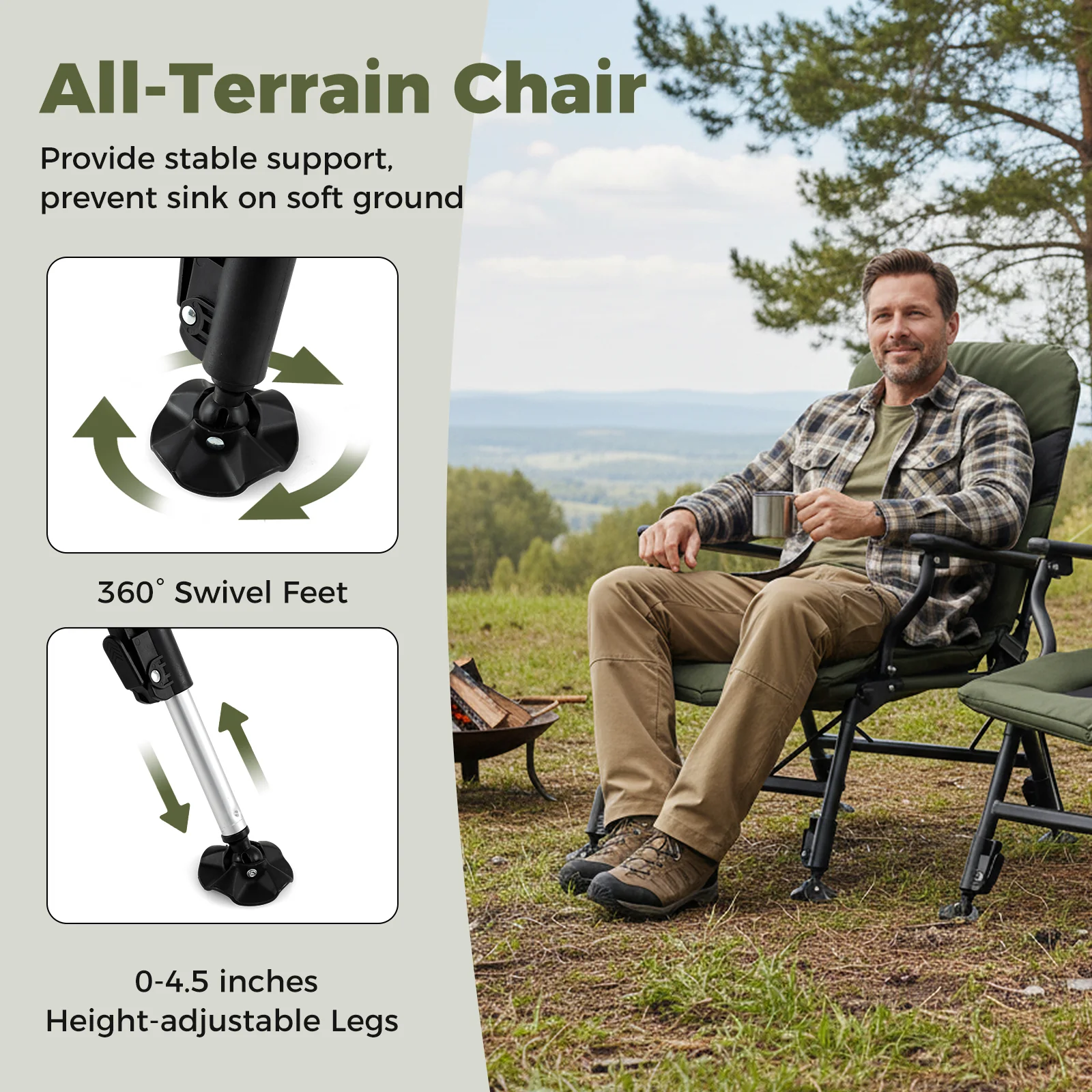 Oversized Foldable Fishing Chair for Adults with Armrest, Green - Image 8