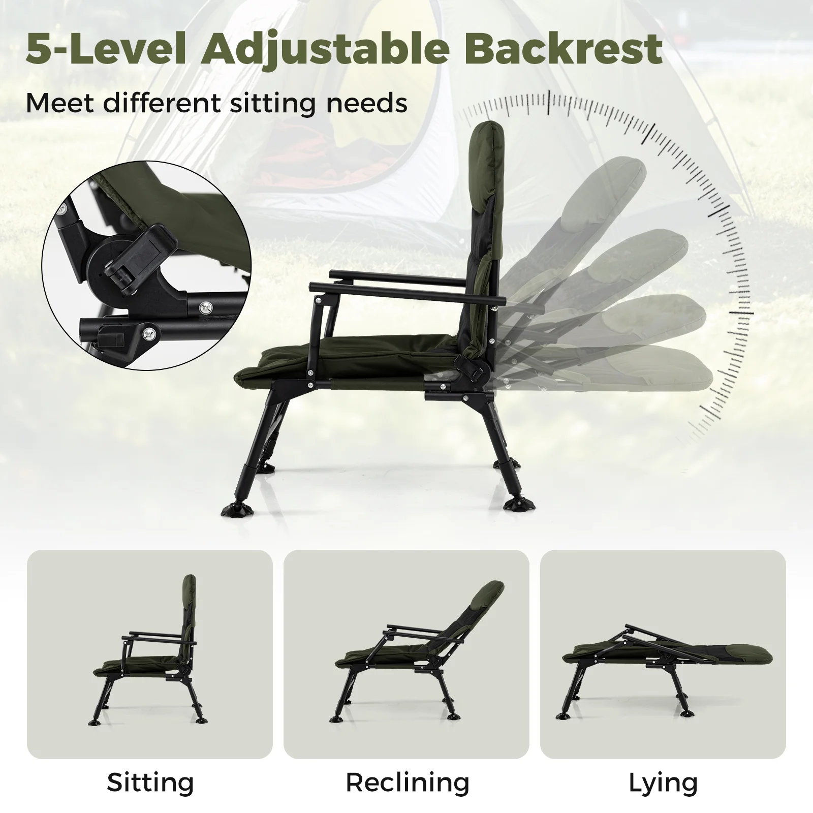 Oversized Foldable Fishing Chair for Adults with Armrest, Green - Image 9