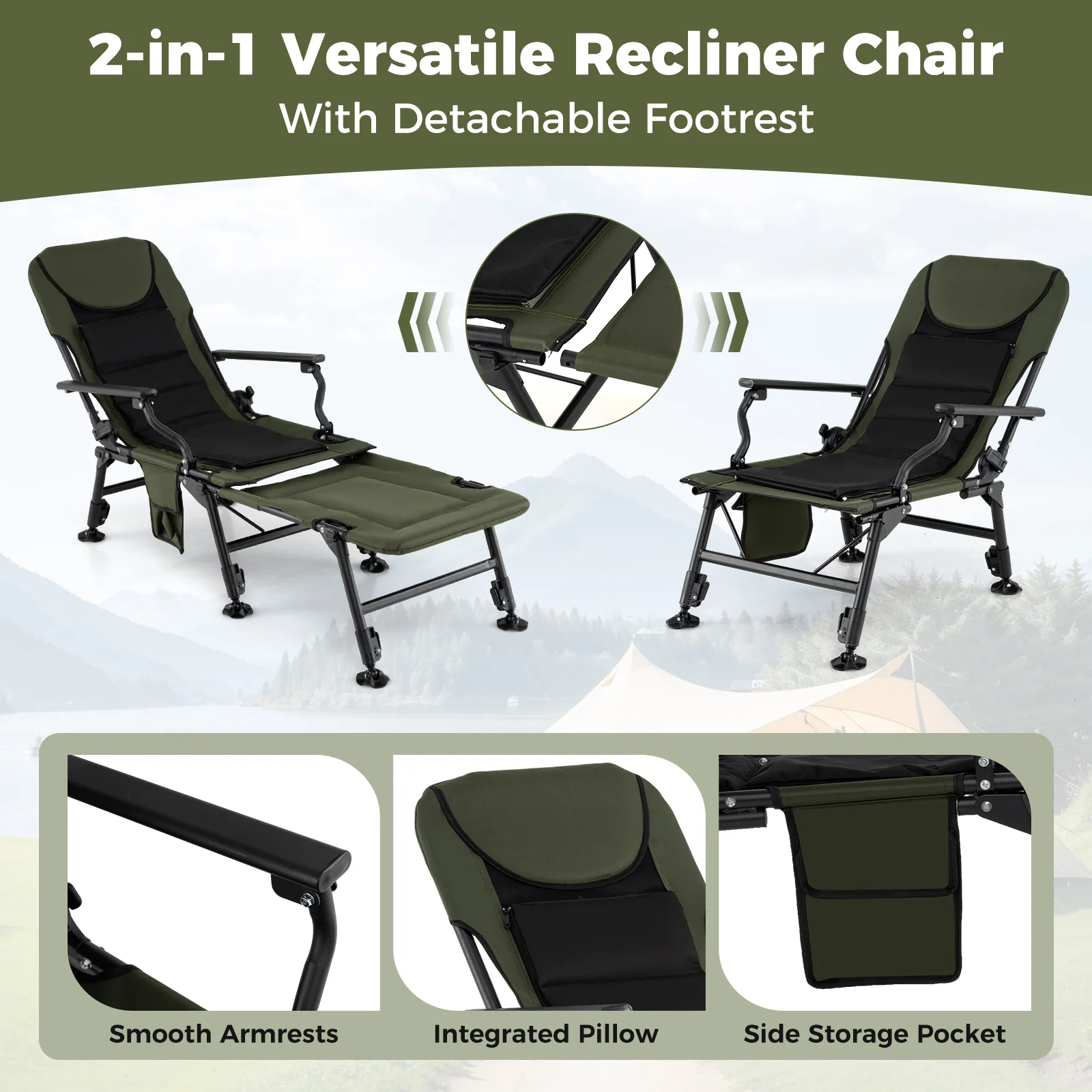 Oversized Foldable Fishing Chair with Detachable Footrest, Green - Image 10