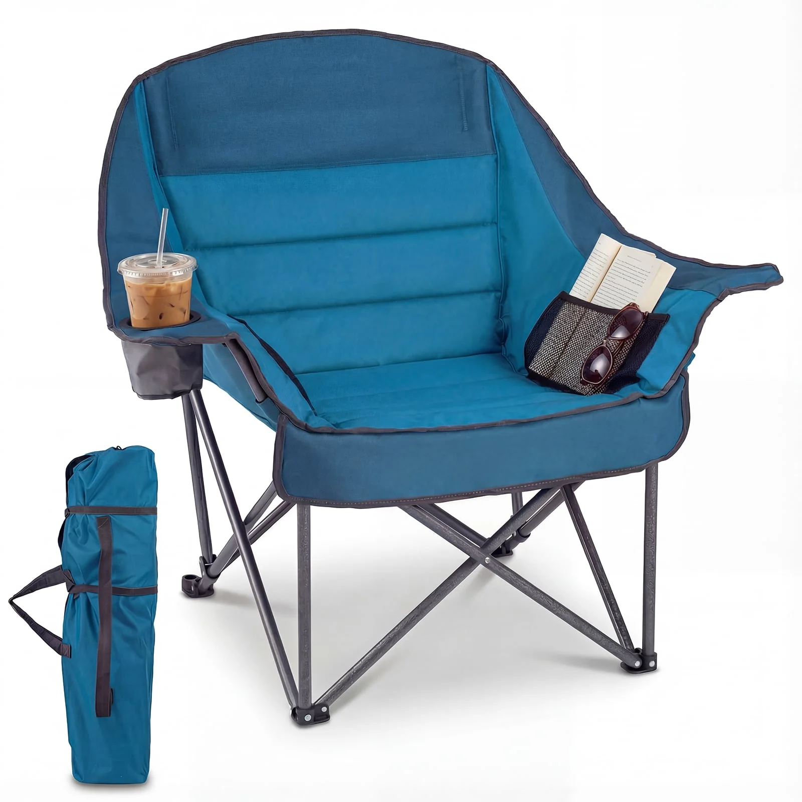 Oversized Folding Camping Chair, With Side Pockets And Cup Holder, Blue
