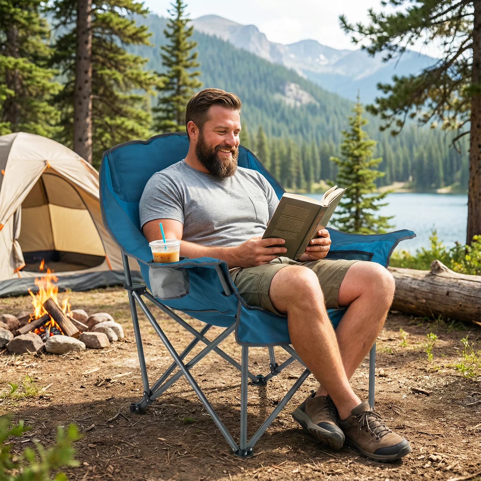 Oversized Folding Camping Chair, With Side Pockets And Cup Holder, Blue - Image 2