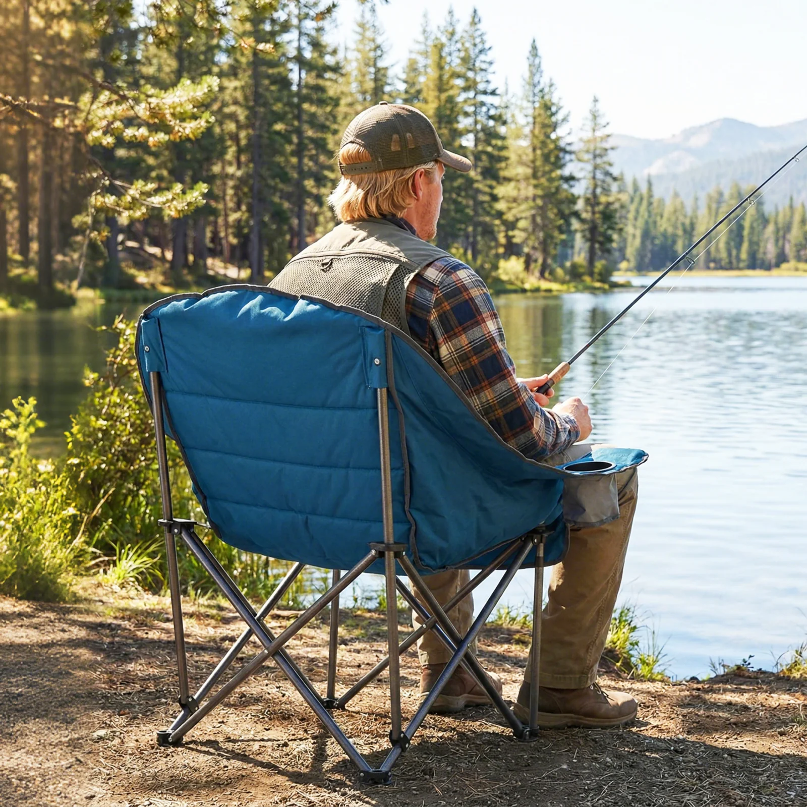 Oversized Folding Camping Chair, With Side Pockets And Cup Holder, Blue - Image 3