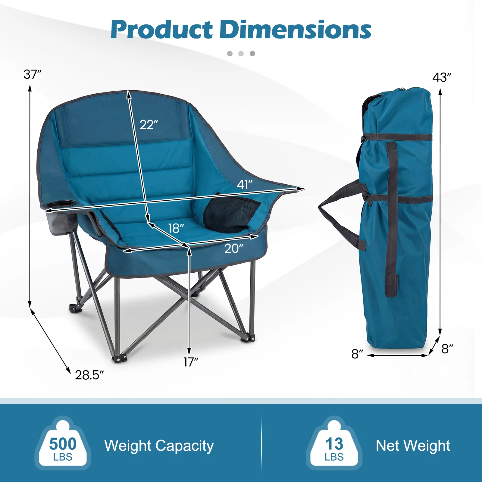 Oversized Folding Camping Chair, With Side Pockets And Cup Holder, Blue - Image 5