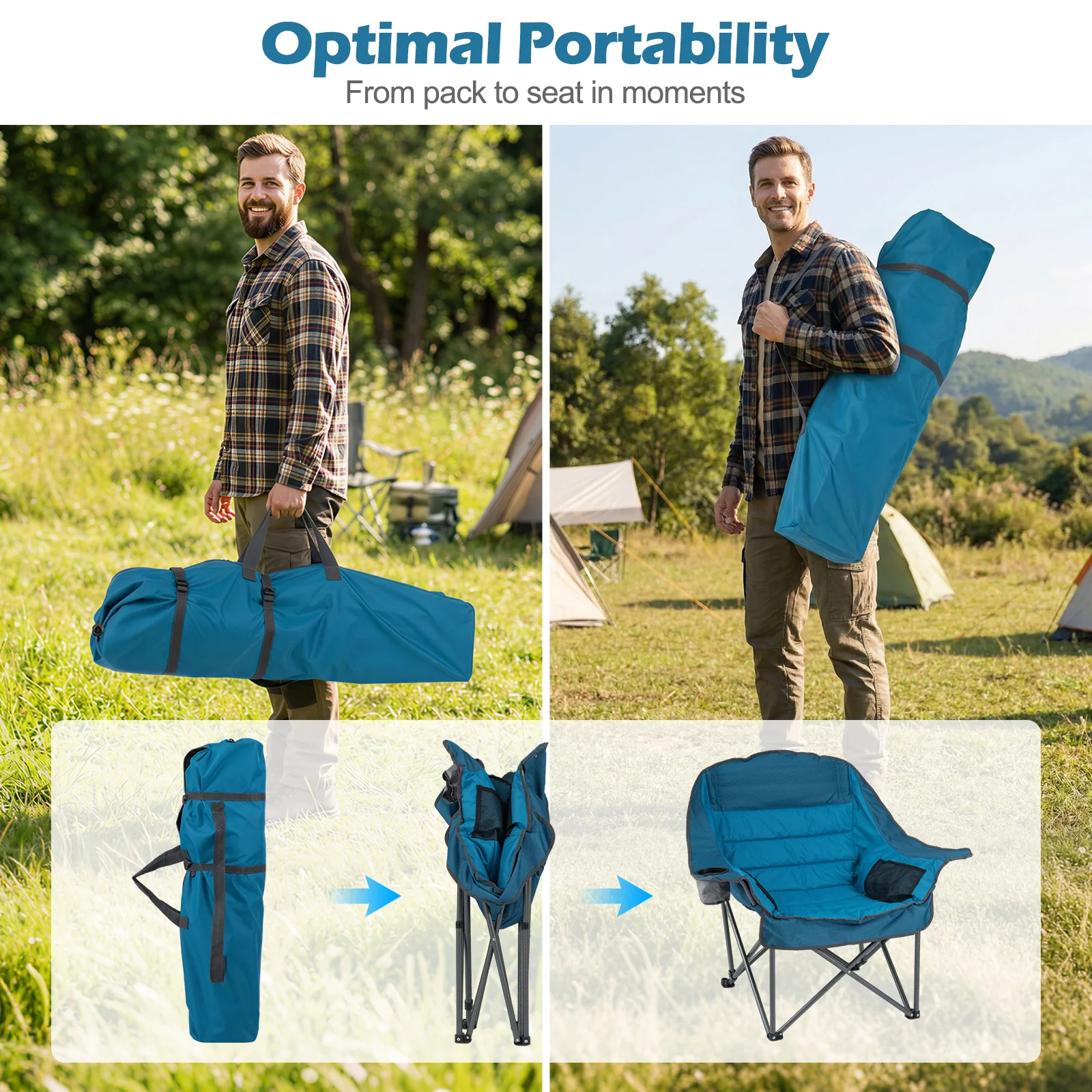 Oversized Folding Camping Chair, With Side Pockets And Cup Holder, Blue - Image 7