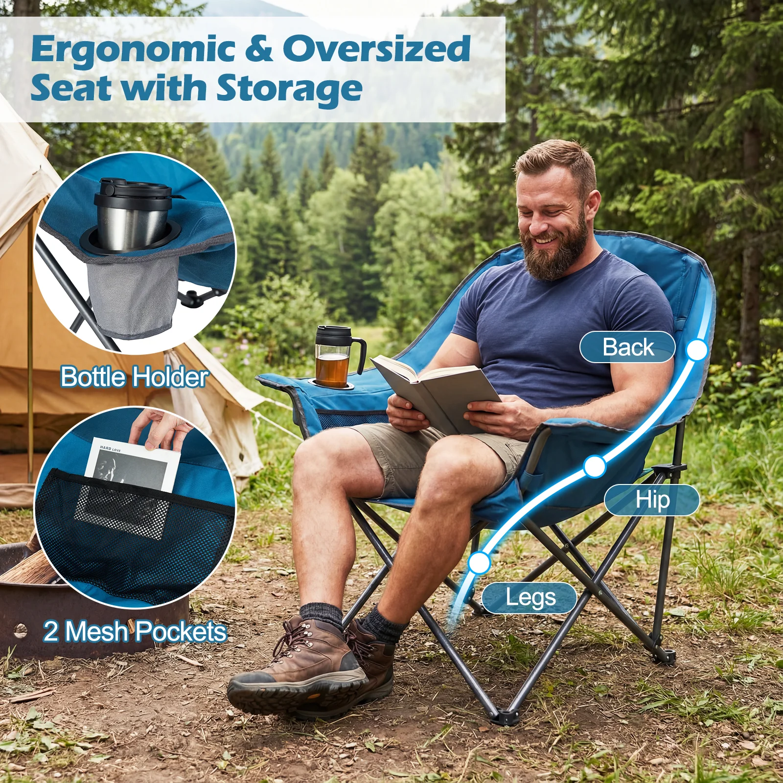 Oversized Folding Camping Chair, With Side Pockets And Cup Holder, Blue - Image 9