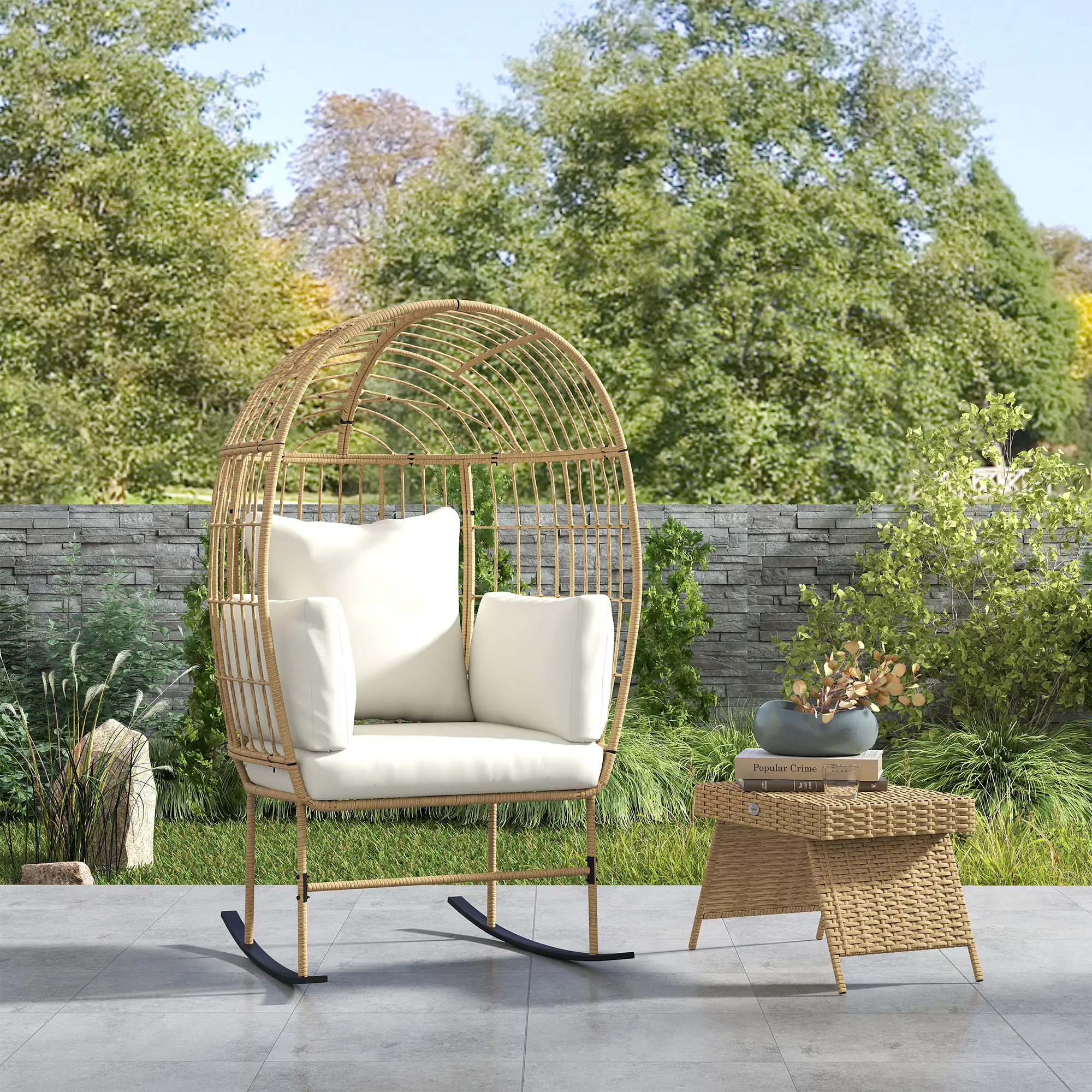 Oversized Rocking Chair, Indoor Outdoor Egg Chair, Thickened Cushions, Wicker Patio Lounger, Beige - Image 10