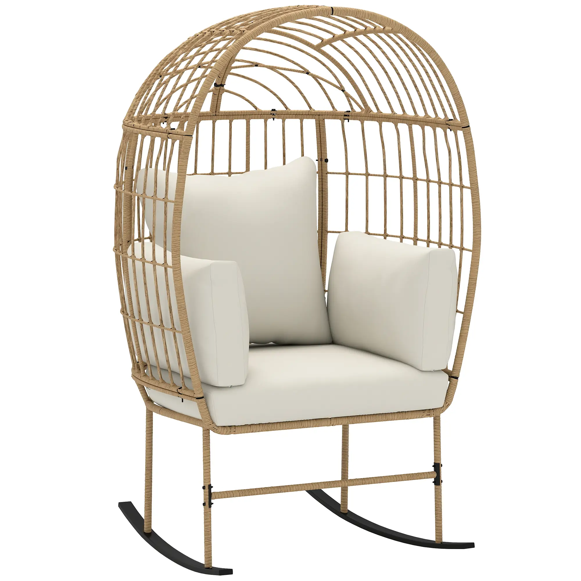 Oversized Rocking Chair, Indoor Outdoor Egg Chair, Thickened Cushions, Wicker Patio Lounger, Beige - Image 11