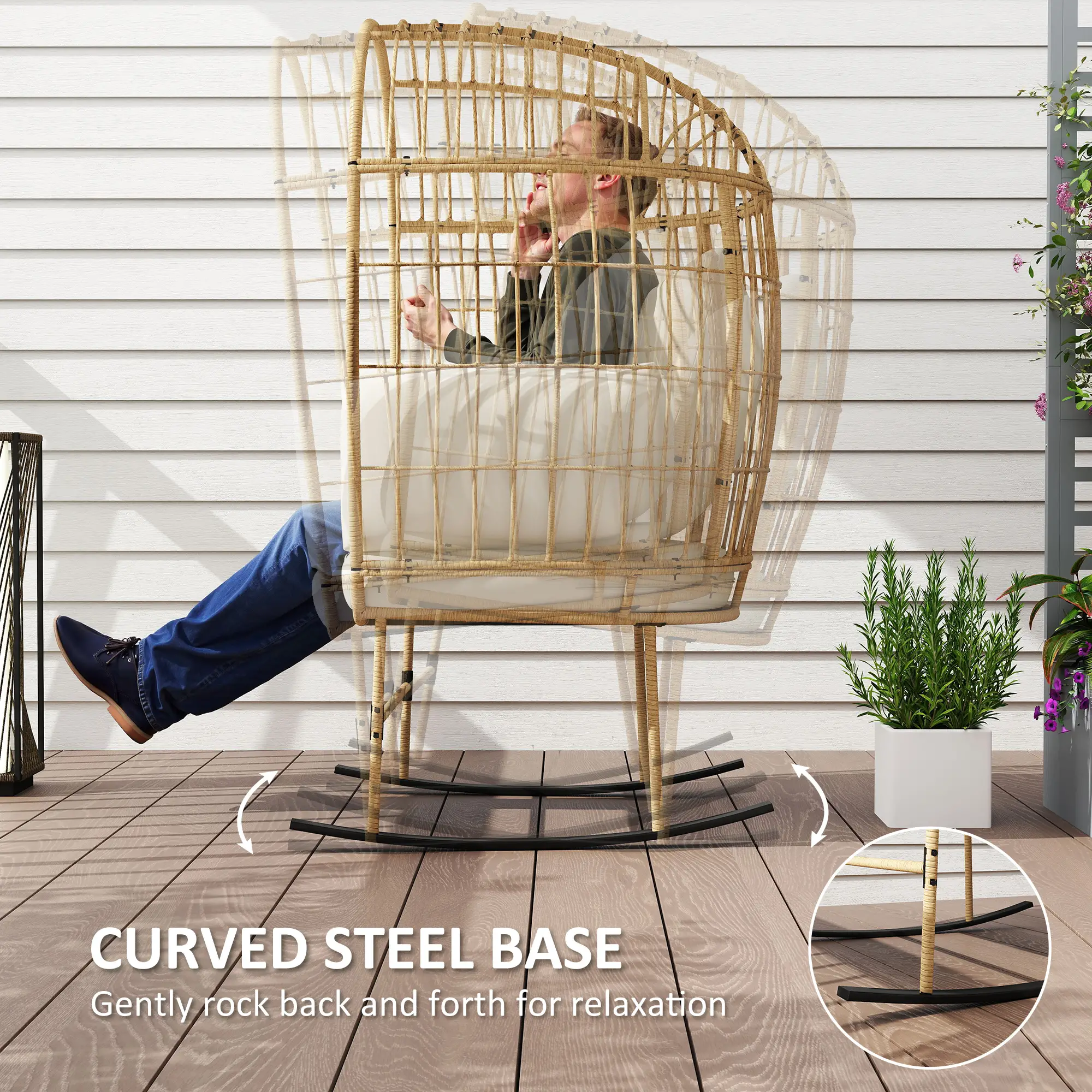 Oversized Rocking Chair, Indoor Outdoor Egg Chair, Thickened Cushions, Wicker Patio Lounger, Beige - Image 4