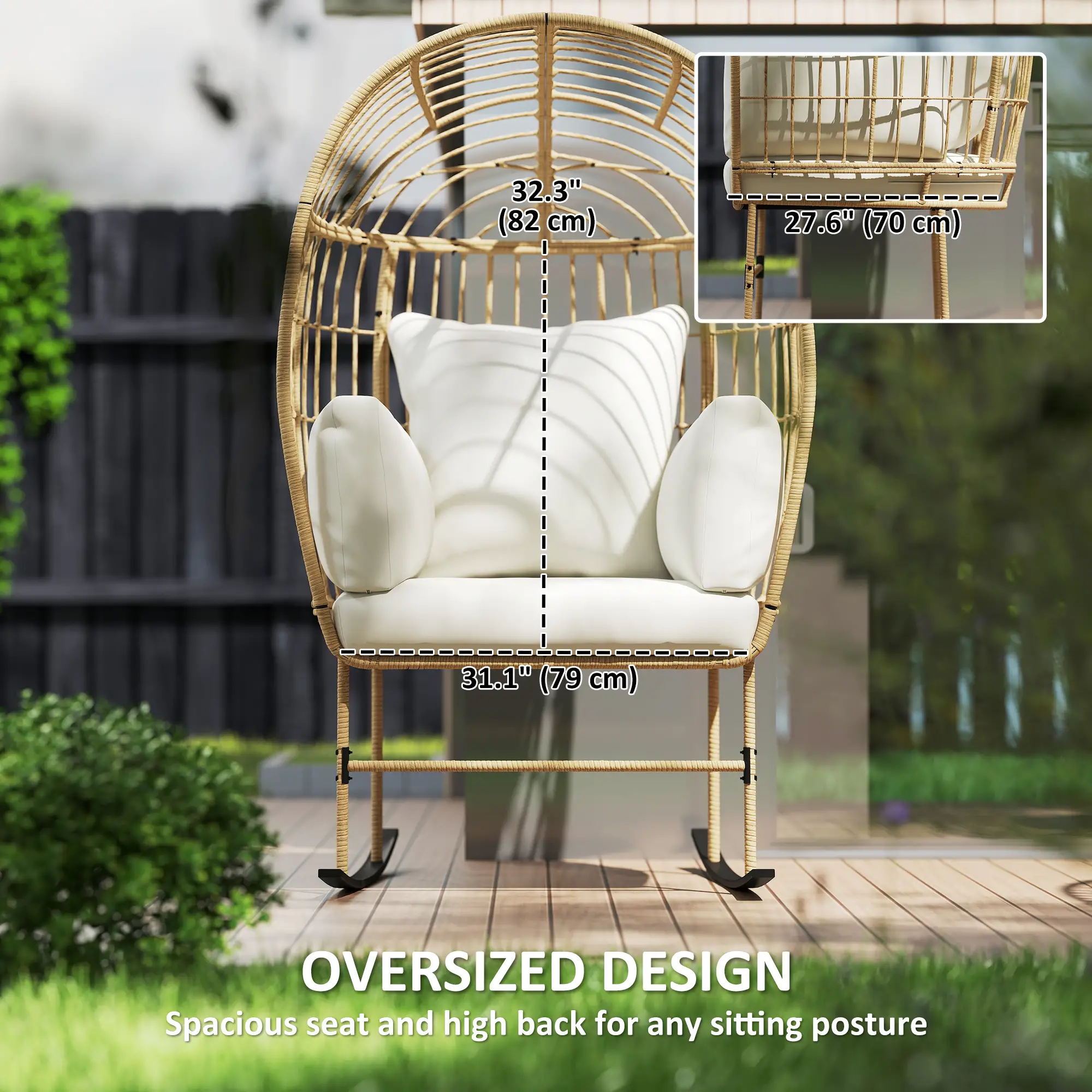 Oversized Rocking Chair, Indoor Outdoor Egg Chair, Thickened Cushions, Wicker Patio Lounger, Beige - Image 5
