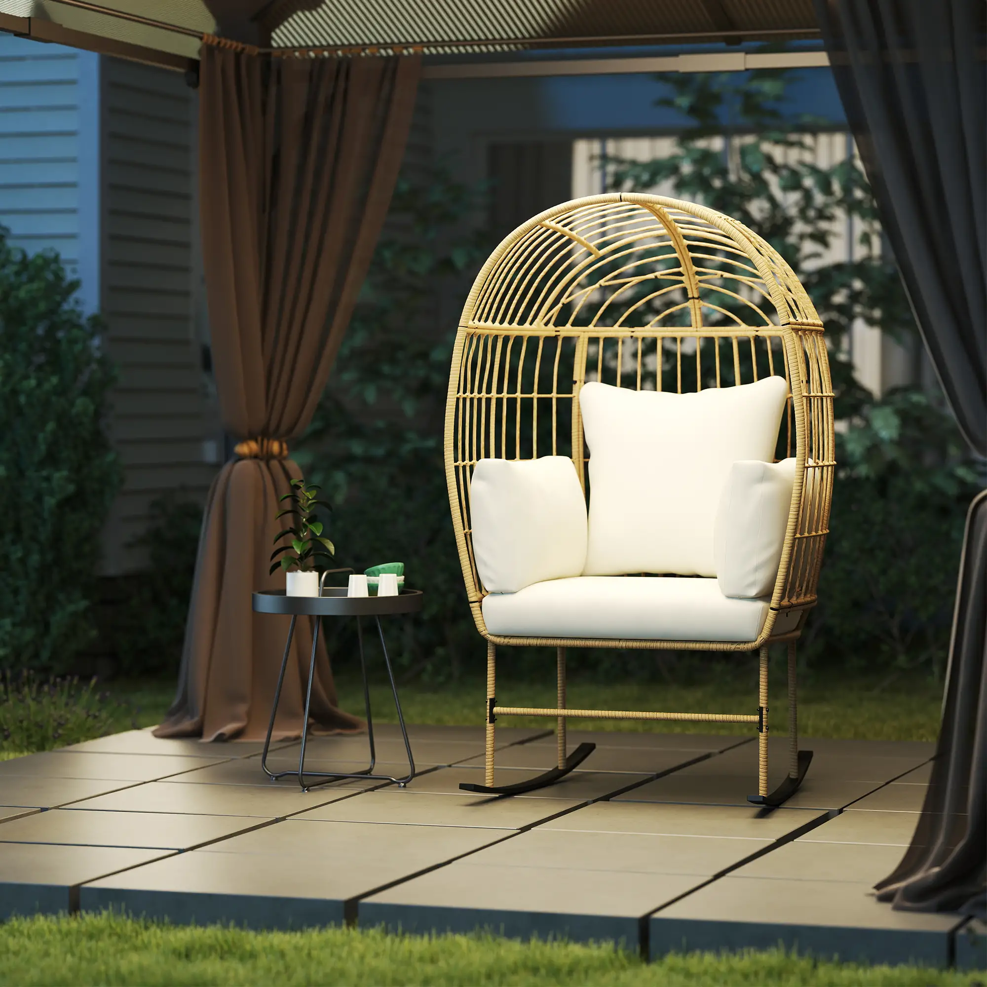 Oversized Rocking Chair, Indoor Outdoor Egg Chair, Thickened Cushions, Wicker Patio Lounger, Beige - Image 9