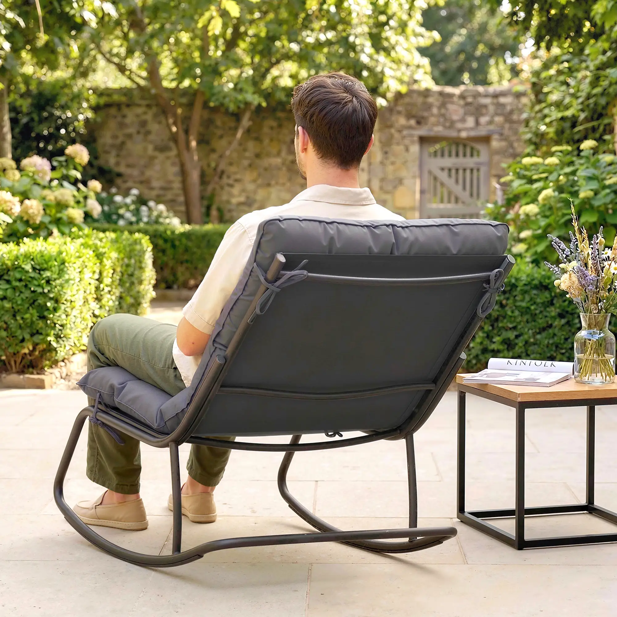 Oversized Rocking Patio Chair, 25" Extra Wide Mesh Seat, Dark Grey - Image 10