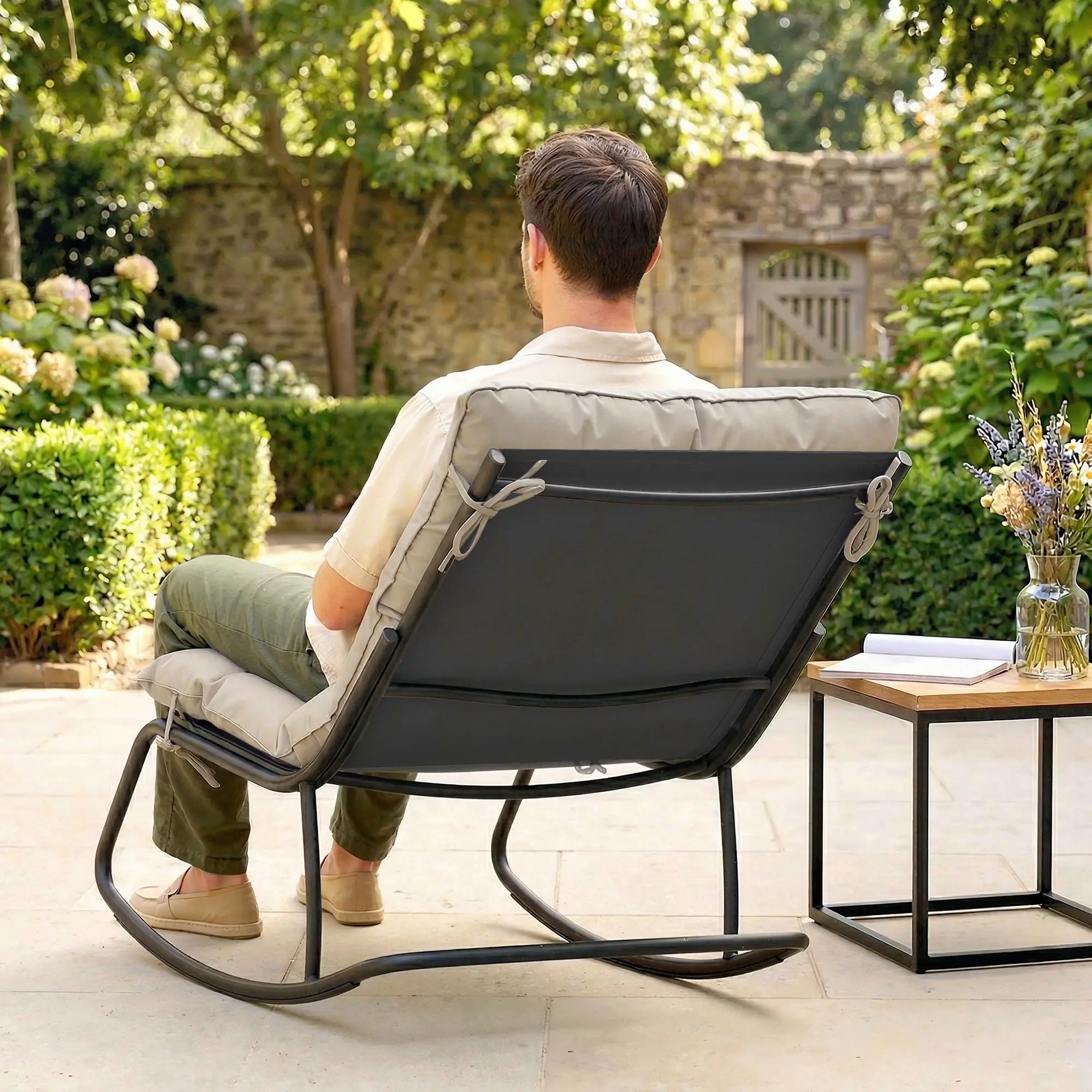 Oversized Rocking Patio Chair With 25" Wide Seat And Cushion, Khaki - Image 10