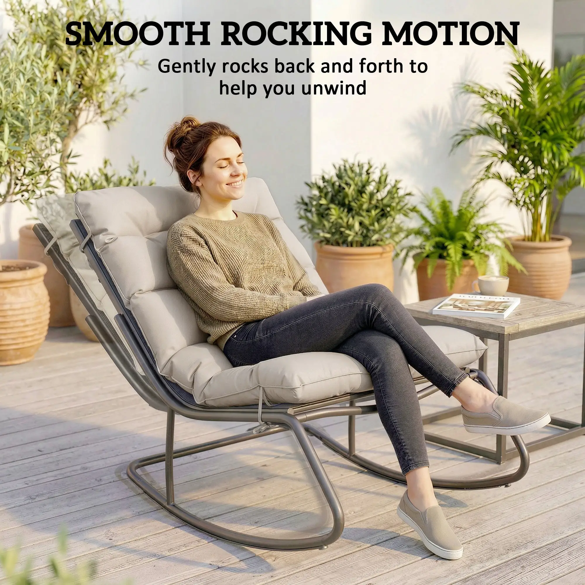 Oversized Rocking Patio Chair With 25" Wide Seat And Cushion, Khaki - Image 4