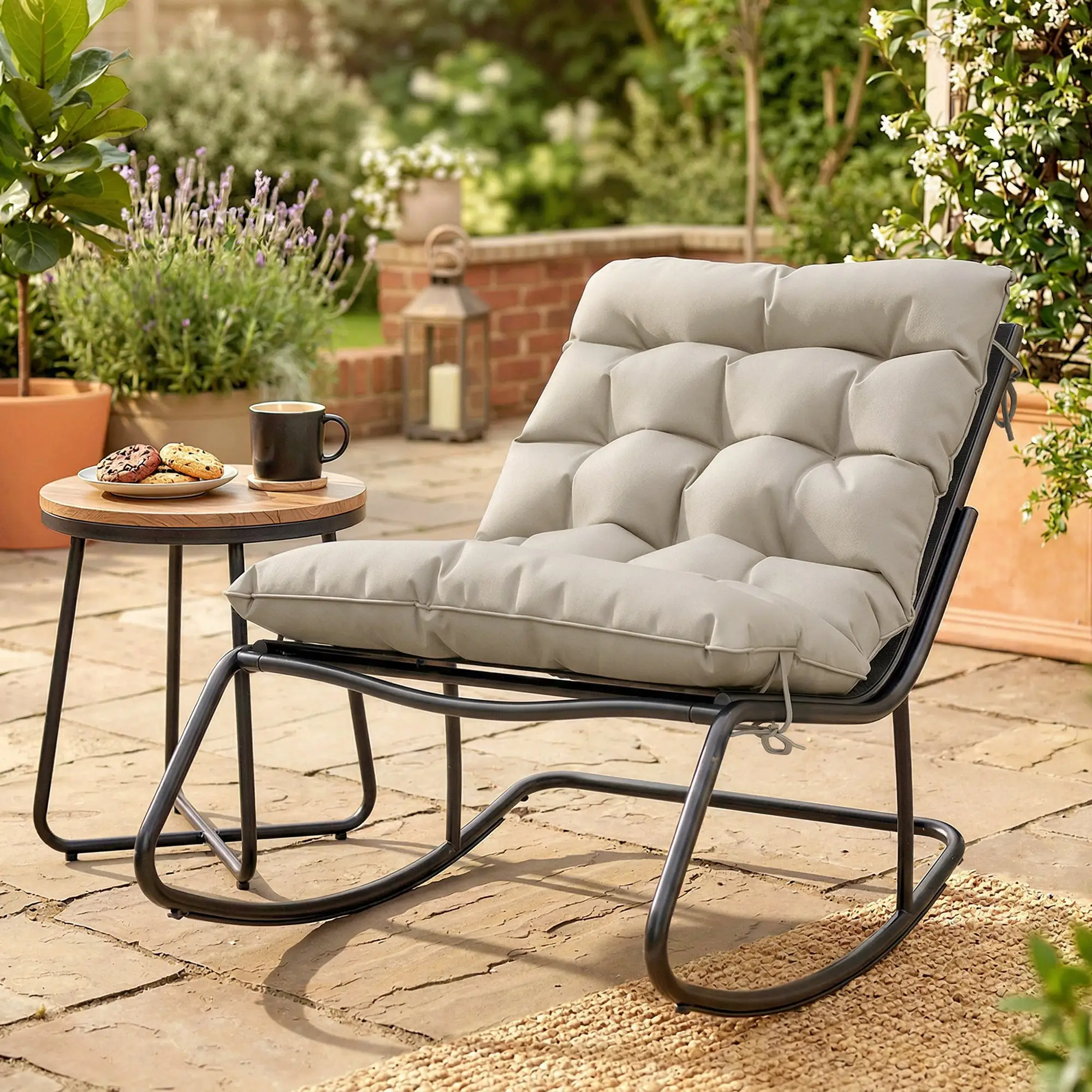 Oversized Rocking Patio Chair With 25" Wide Seat And Cushion, Khaki - Image 8