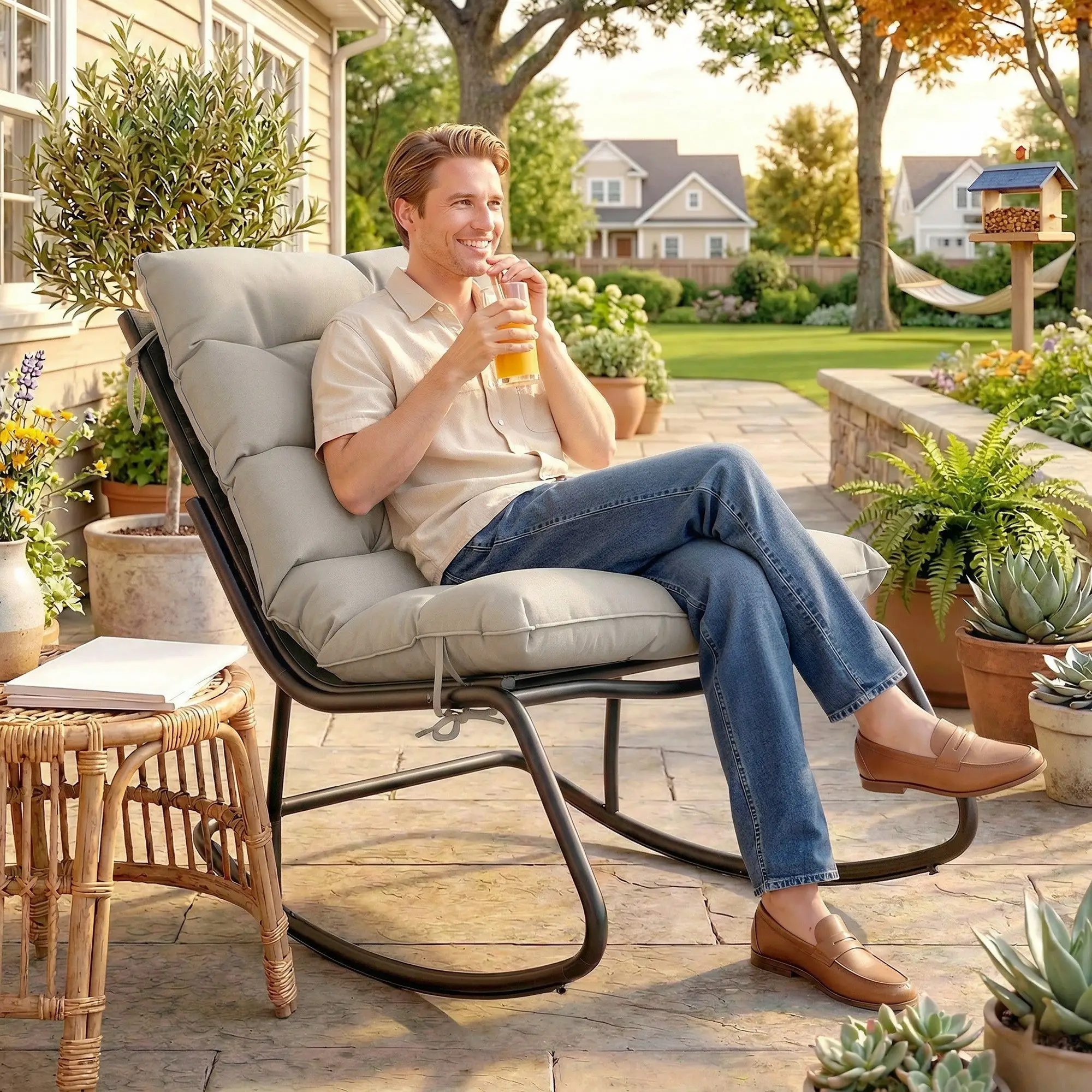 Oversized Rocking Patio Chair With 25" Wide Seat And Cushion, Khaki - Image 9