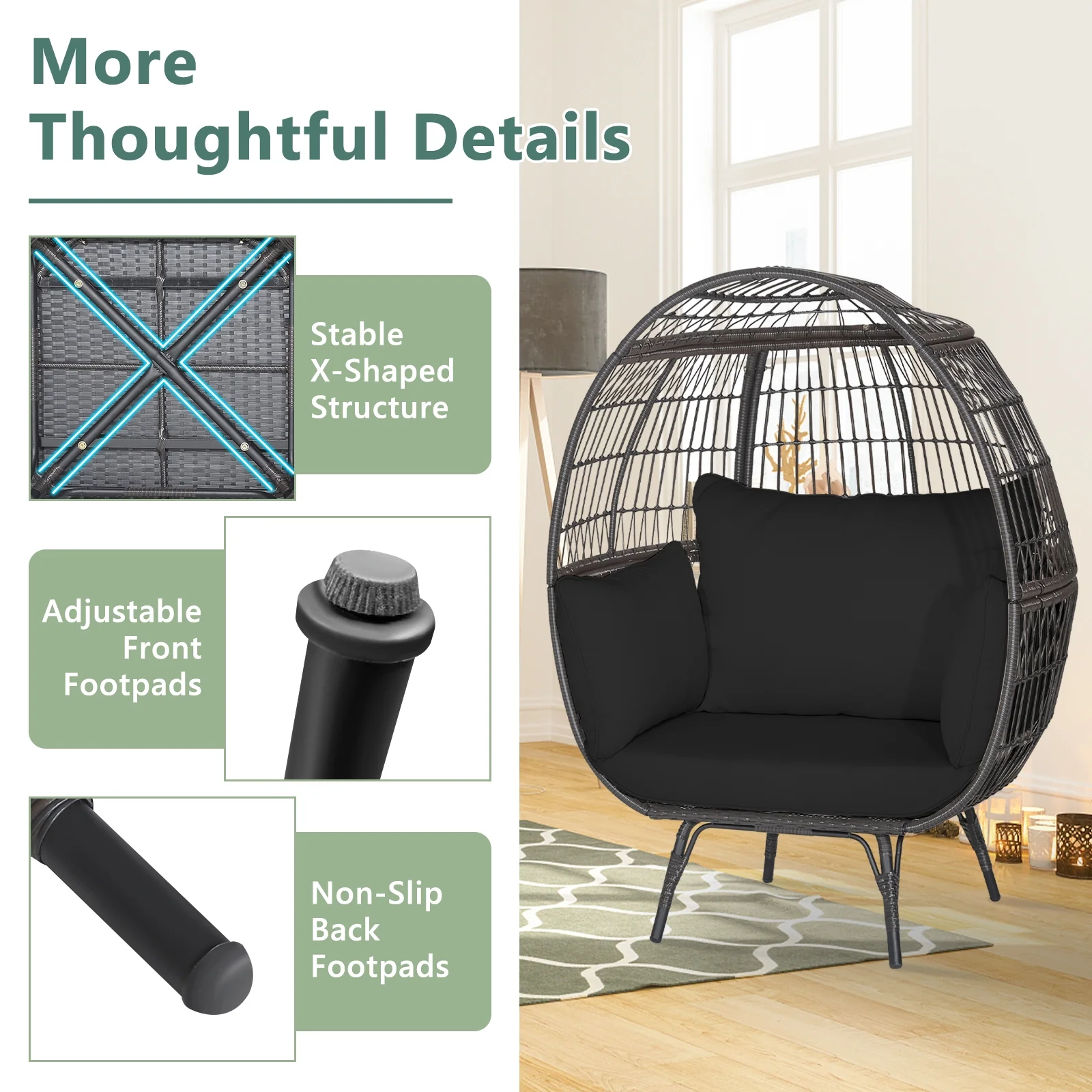 Oversized Wicker Egg Chair, Sturdy Metal Frame, Black - Image 10