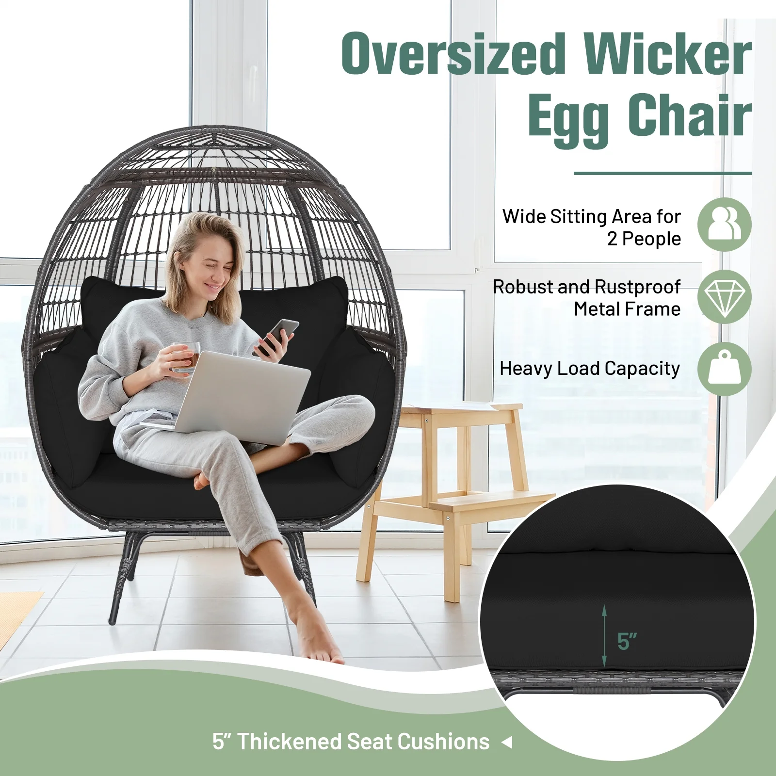 Oversized Wicker Egg Chair, Sturdy Metal Frame, Black - Image 6