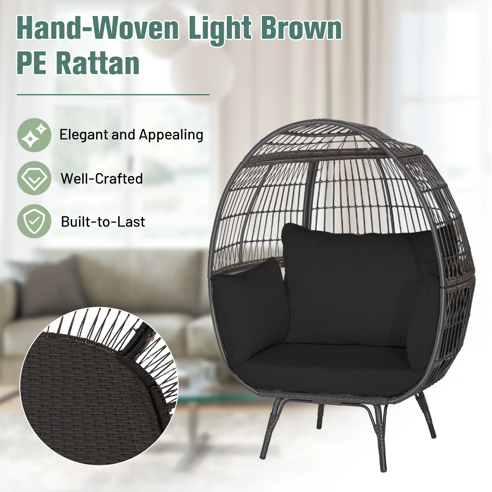 Oversized Wicker Egg Chair, Sturdy Metal Frame, Black - Image 7
