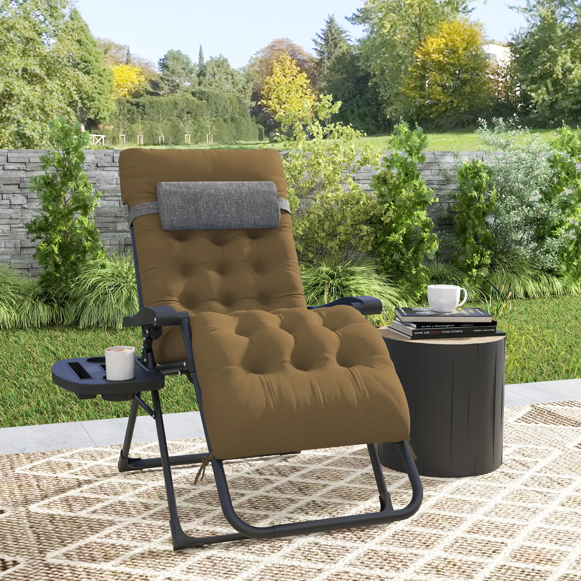 Padded Folding Recliner Chair, Adjustable Backrest, Removable Cushion, Light Khaki - Image 8