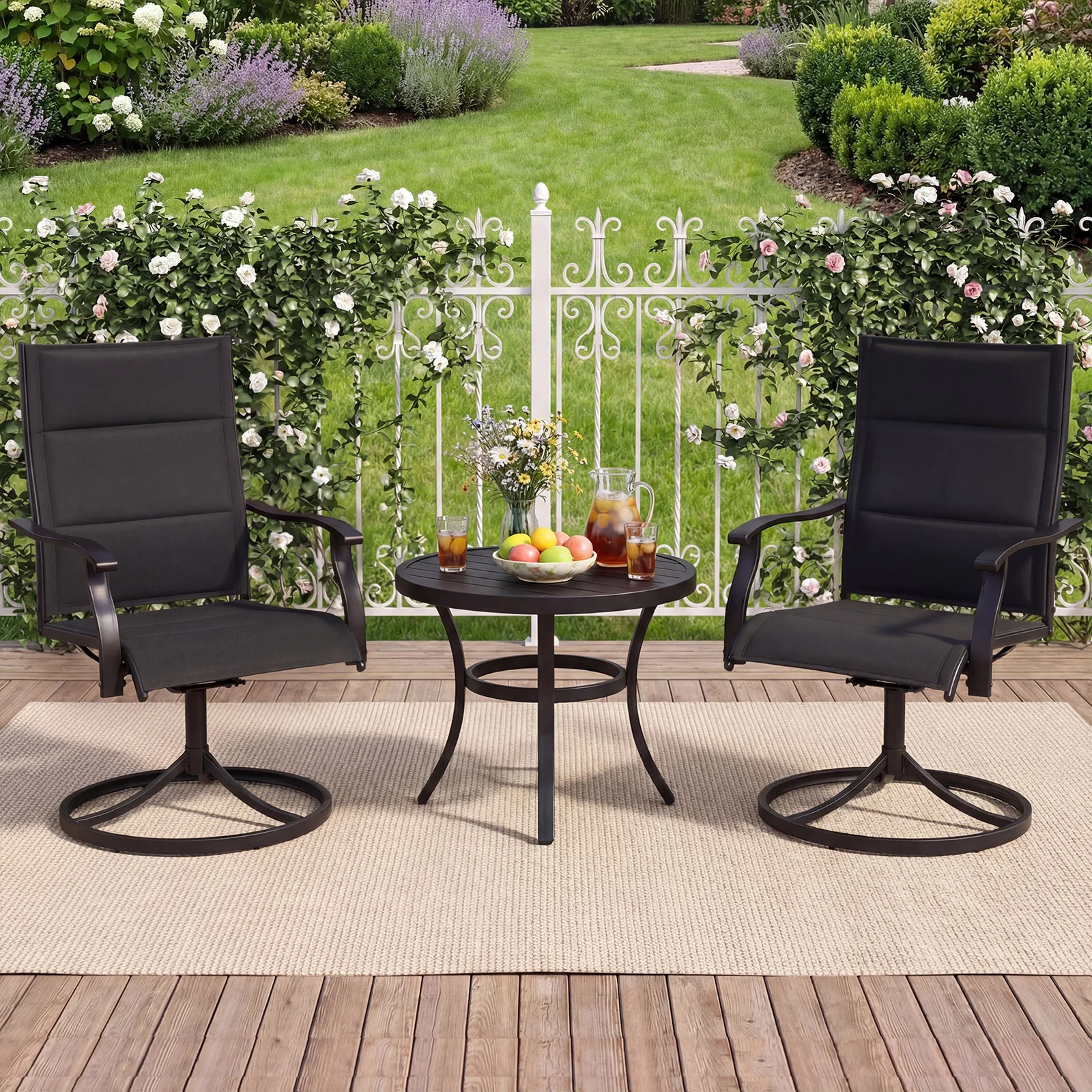 Padded Patio Swivel Chairs Set of 2 Ergonomic Outdoor Dining Chairs with Breathable Fabric, Black - Image 2