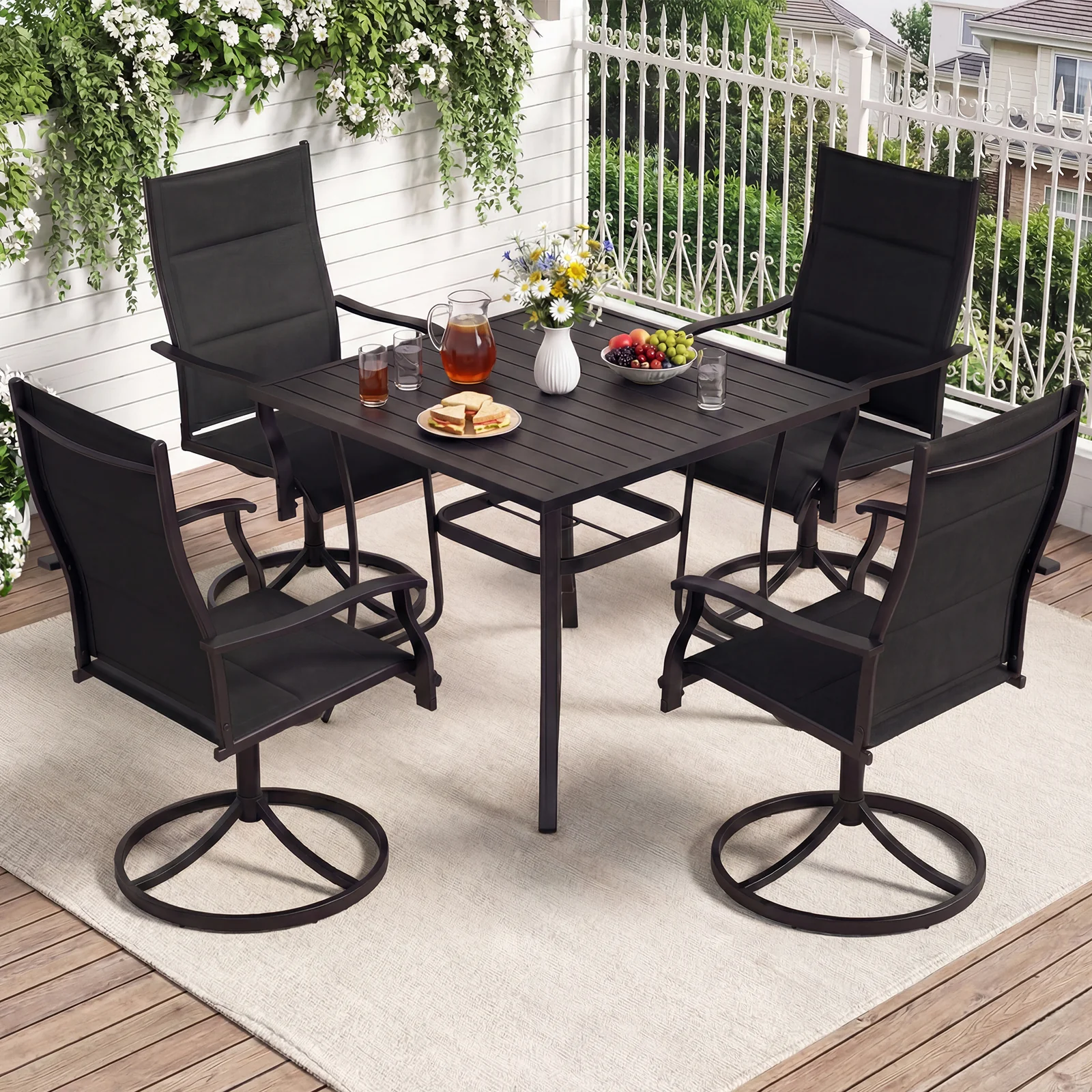 Padded Patio Swivel Chairs Set of 2 Ergonomic Outdoor Dining Chairs with Breathable Fabric, Black - Image 3