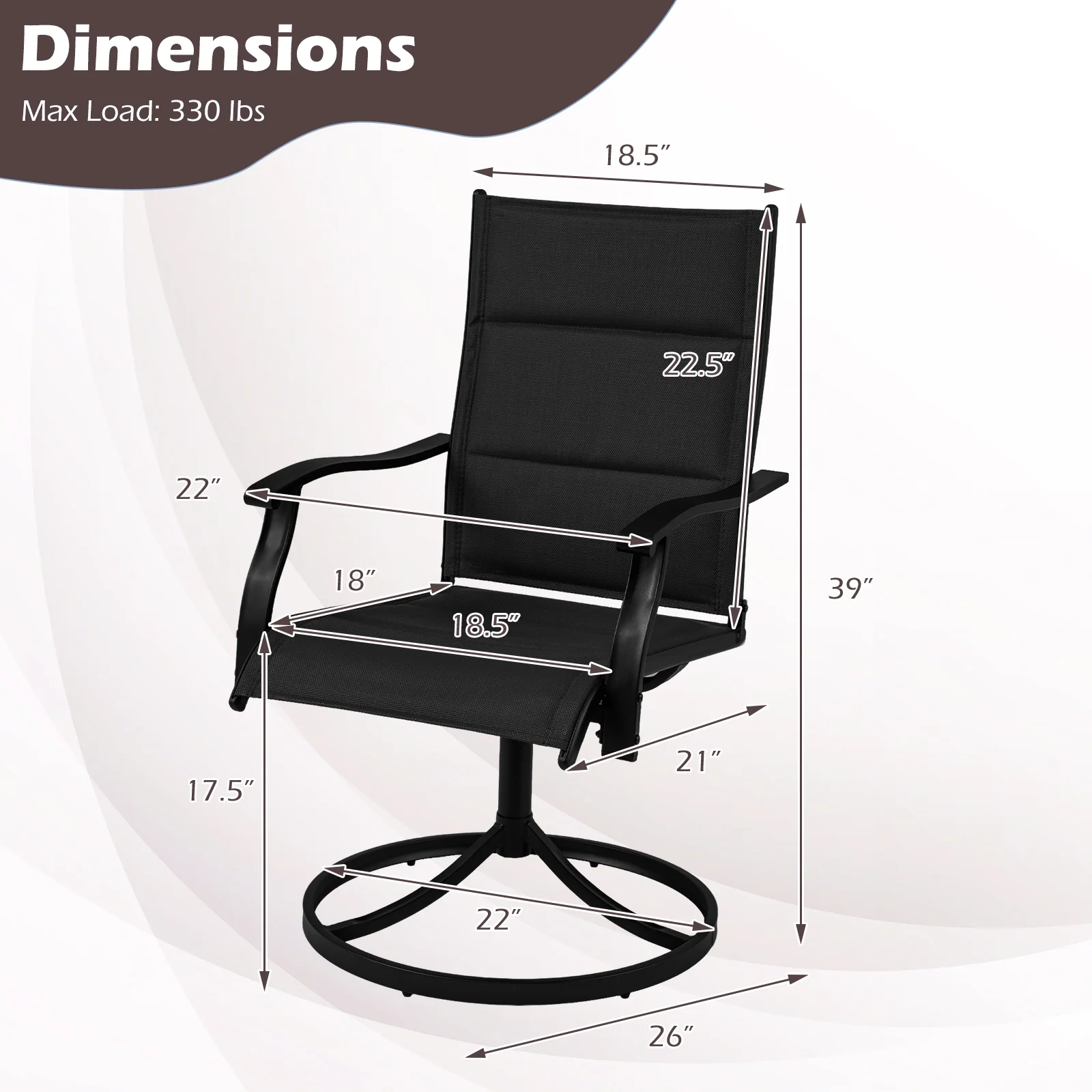 Padded Patio Swivel Chairs Set of 2 Ergonomic Outdoor Dining Chairs with Breathable Fabric, Black - Image 5