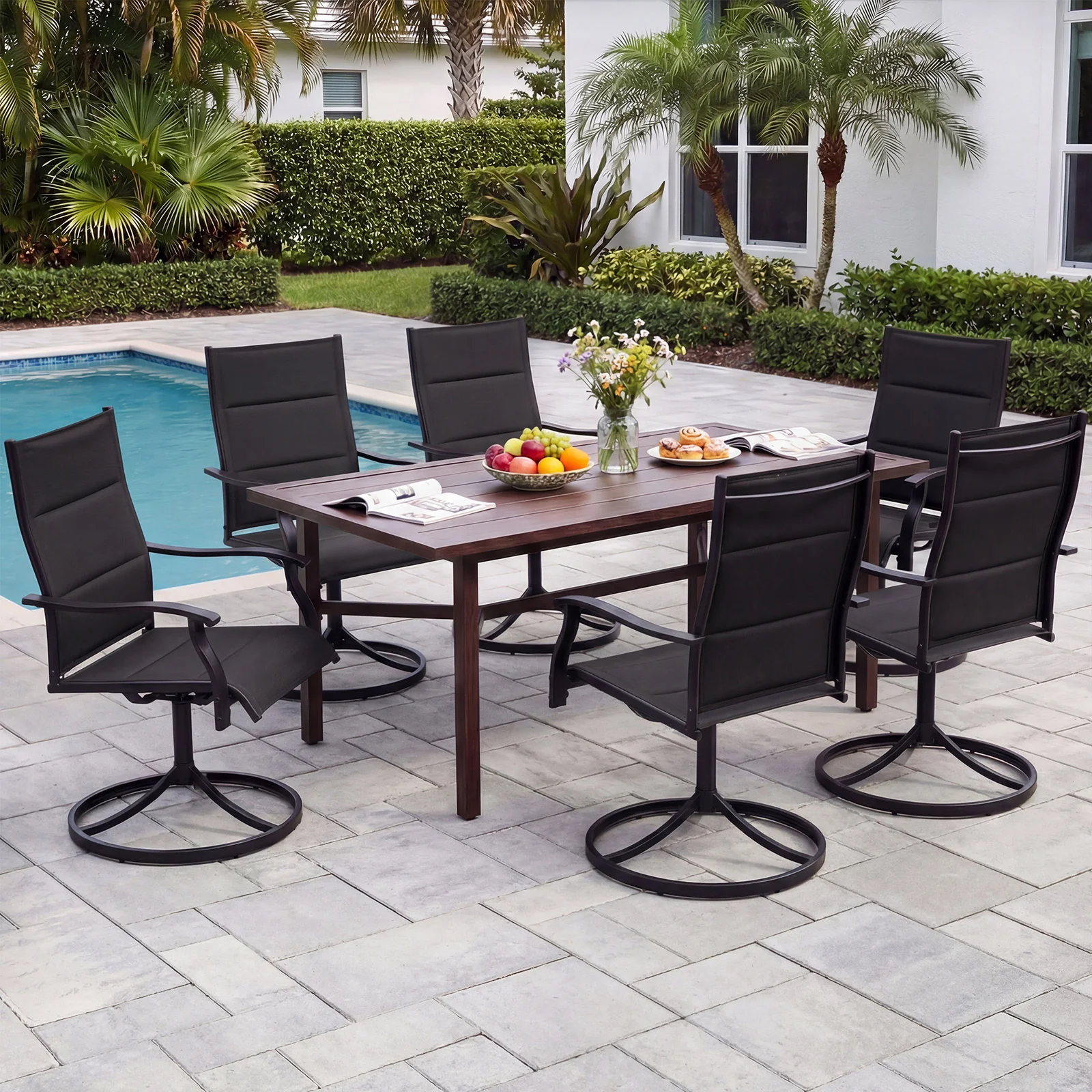Padded Patio Swivel Chairs Set of 2 Ergonomic Outdoor Dining Chairs with Breathable Fabric, Black - Image 6