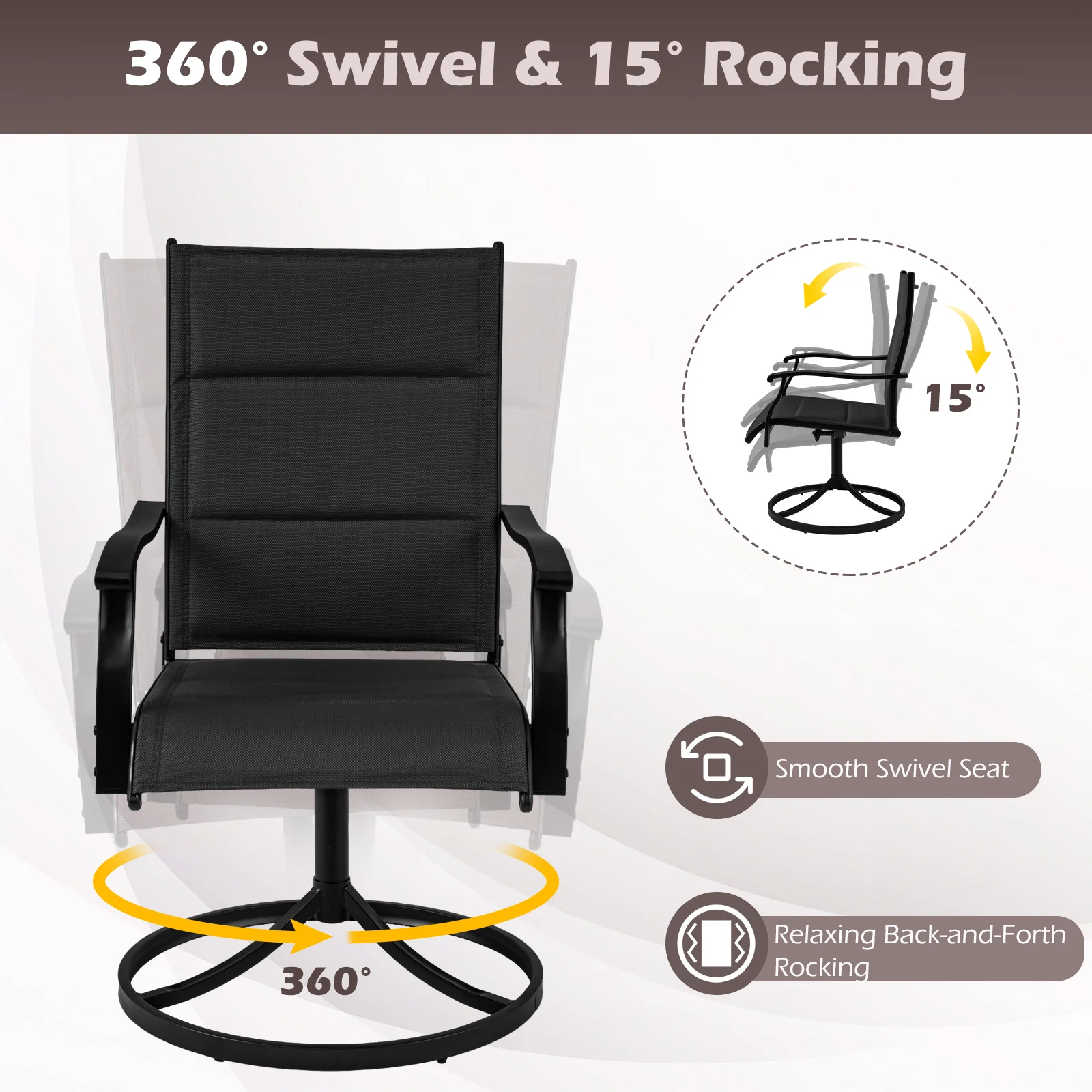 Padded Patio Swivel Chairs Set of 2 Ergonomic Outdoor Dining Chairs with Breathable Fabric, Black - Image 7