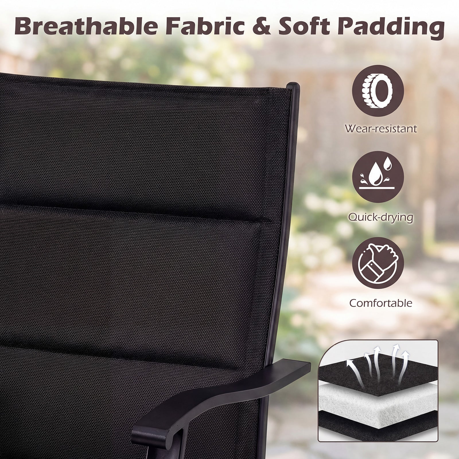 Padded Patio Swivel Chairs Set of 2 Ergonomic Outdoor Dining Chairs with Breathable Fabric, Black - Image 8
