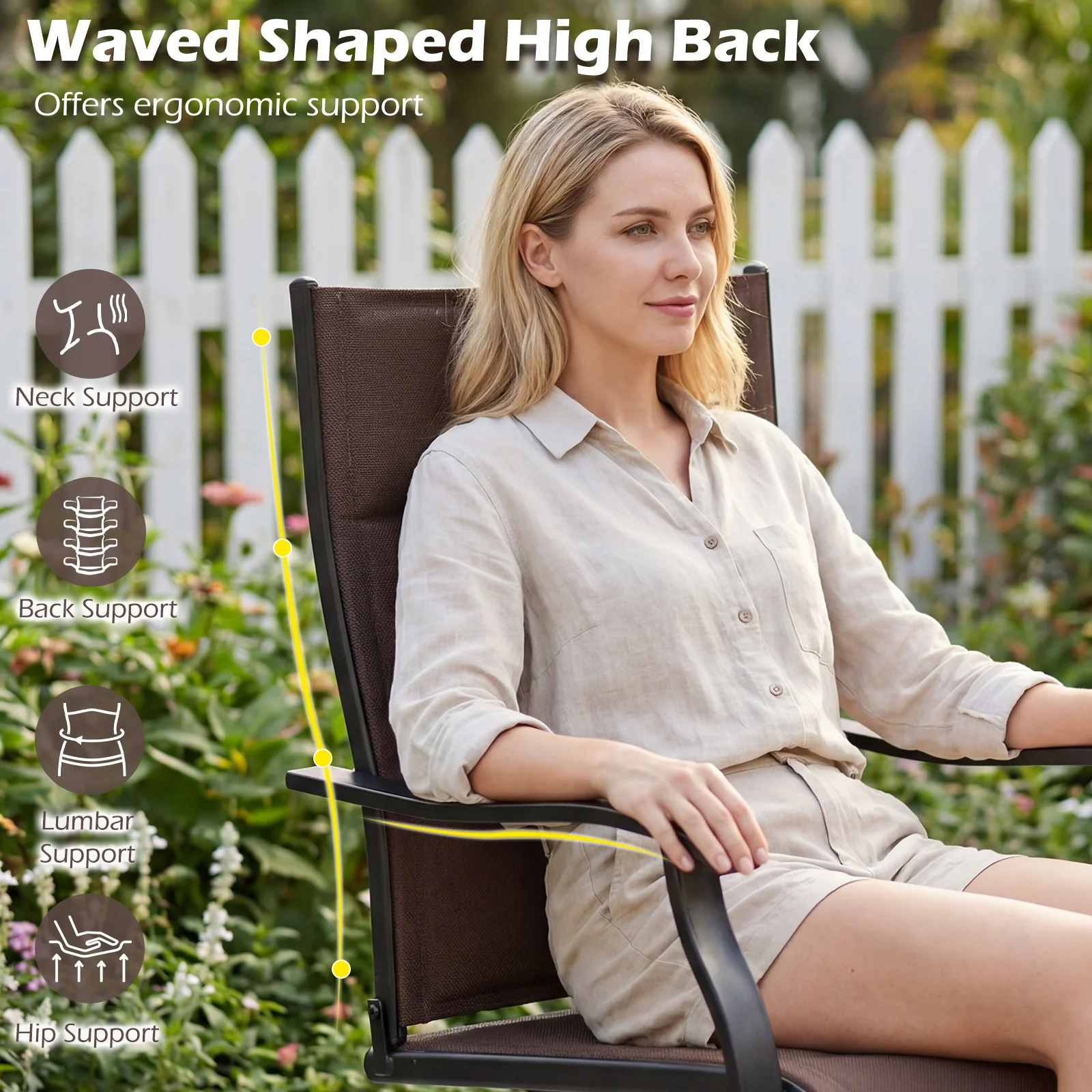 Padded Patio Swivel Chairs Set of 2 Ergonomic Outdoor Dining Chairs with Breathable Fabric, Brown - Image 10
