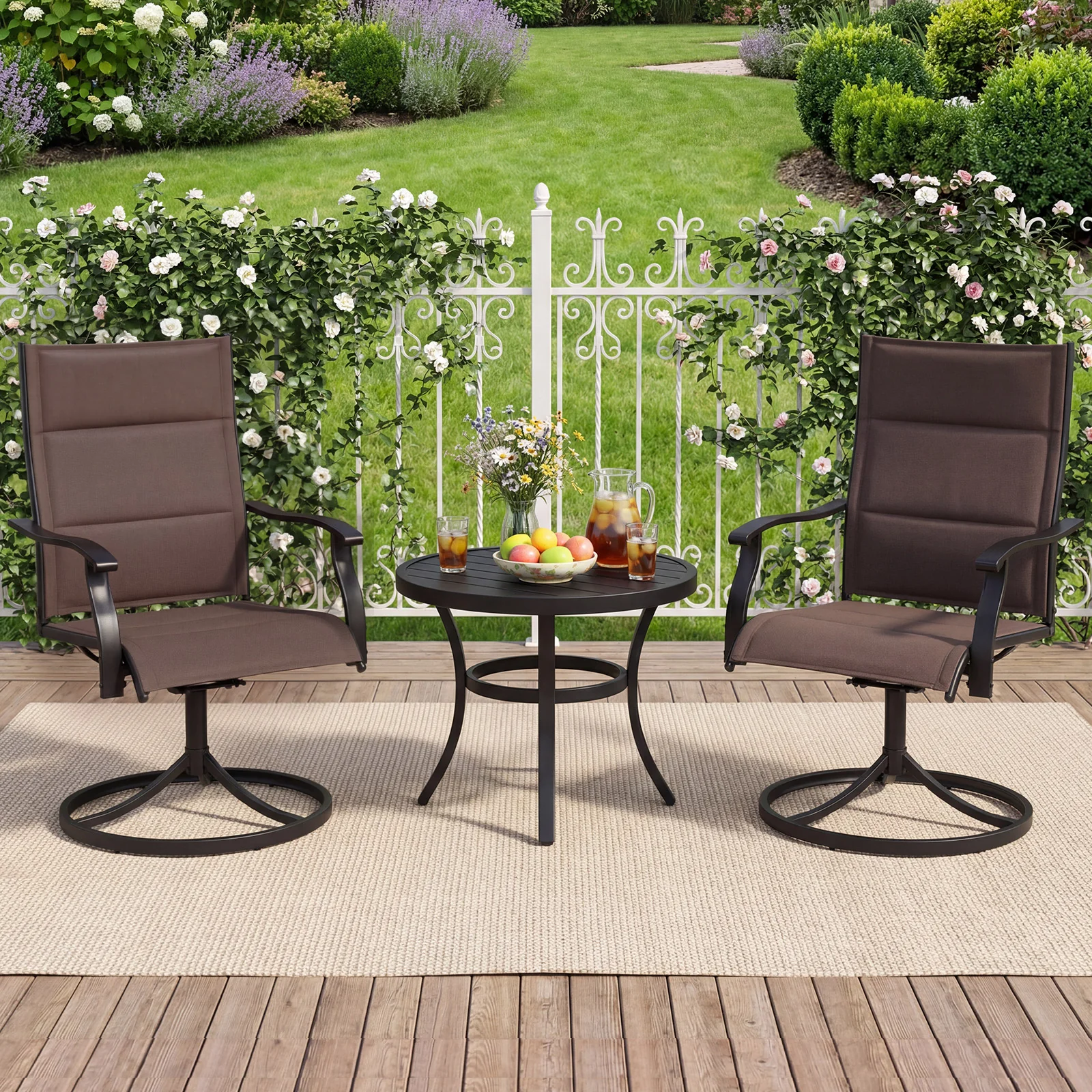 Padded Patio Swivel Chairs Set of 2 Ergonomic Outdoor Dining Chairs with Breathable Fabric, Brown - Image 2