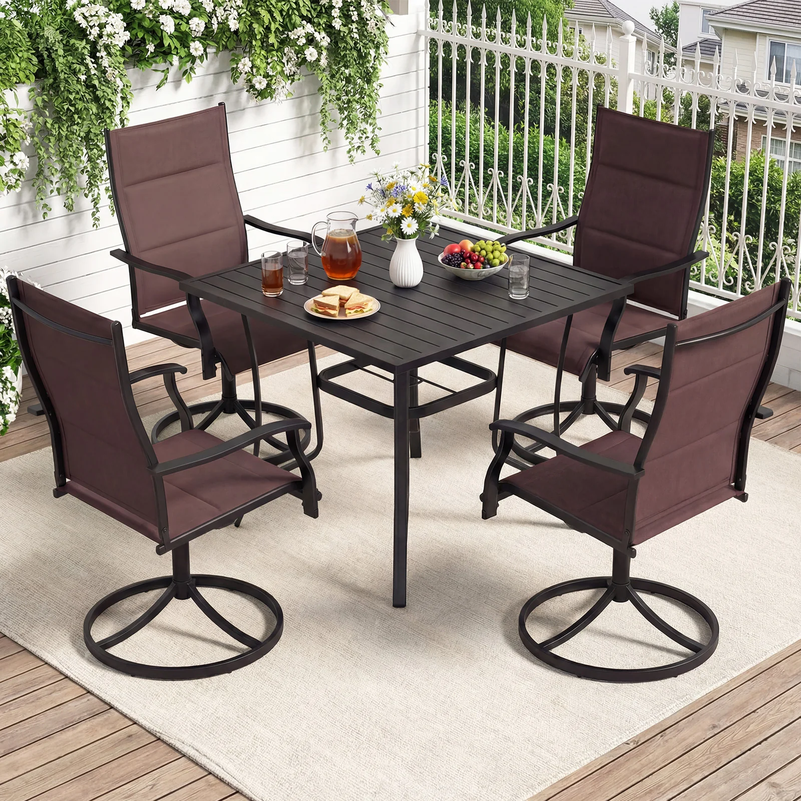 Padded Patio Swivel Chairs Set of 2 Ergonomic Outdoor Dining Chairs with Breathable Fabric, Brown - Image 3