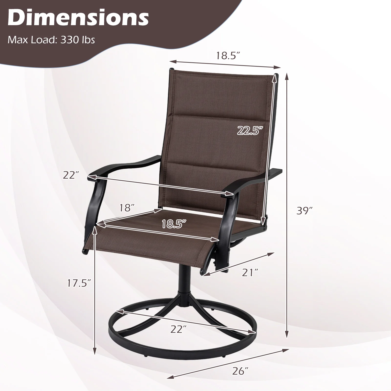 Padded Patio Swivel Chairs Set of 2 Ergonomic Outdoor Dining Chairs with Breathable Fabric, Brown - Image 5