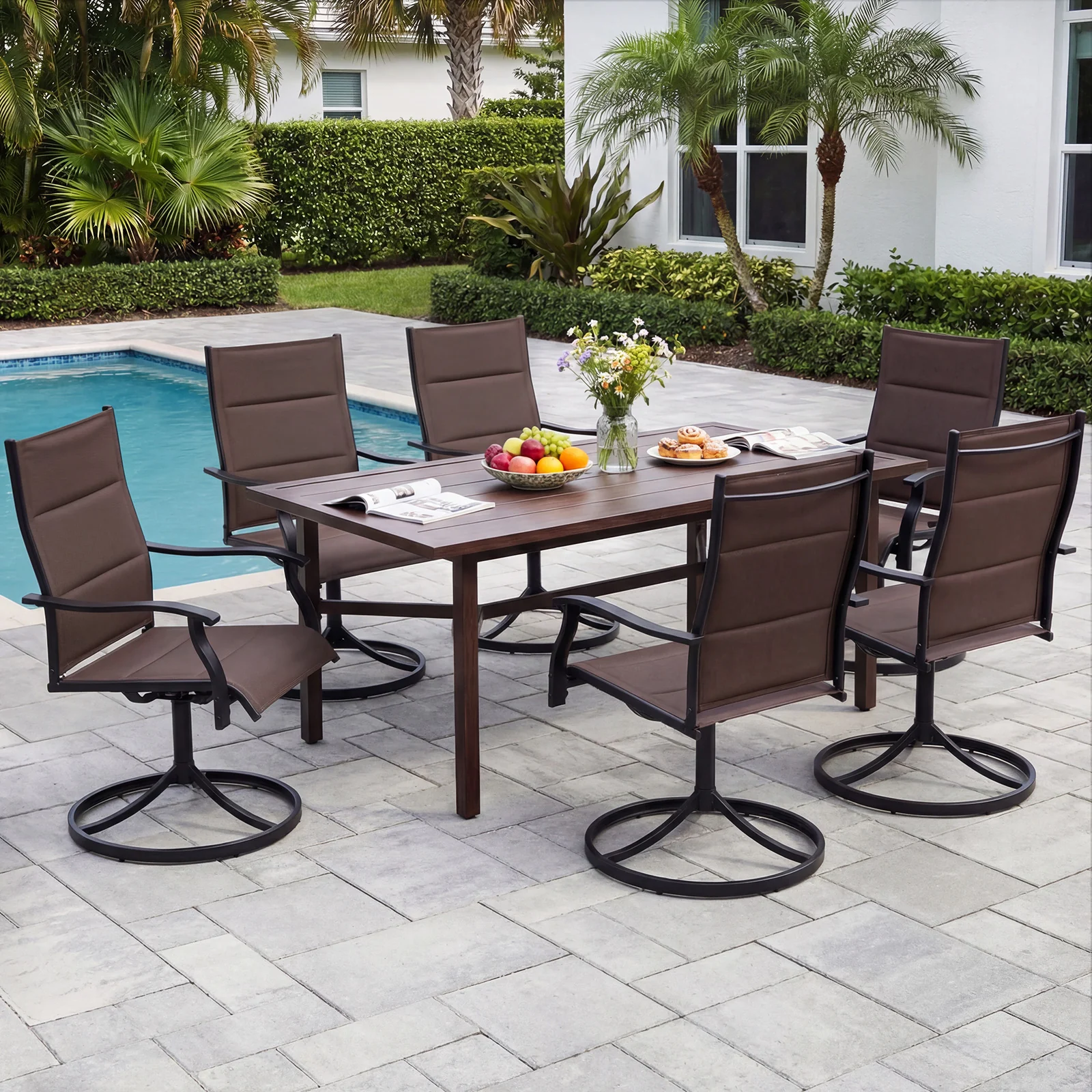 Padded Patio Swivel Chairs Set of 2 Ergonomic Outdoor Dining Chairs with Breathable Fabric, Brown - Image 6