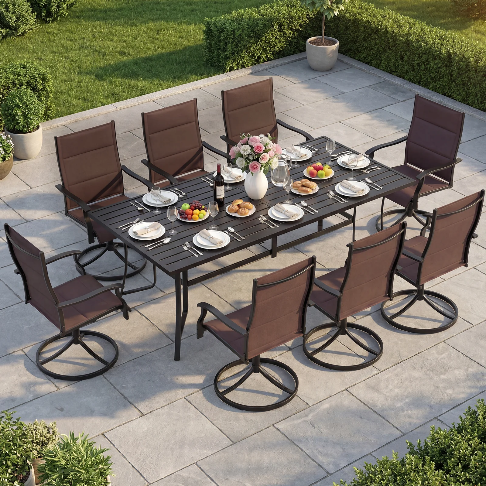 Padded Patio Swivel Chairs Set of 2 Ergonomic Outdoor Dining Chairs with Breathable Fabric, Brown - Image 7