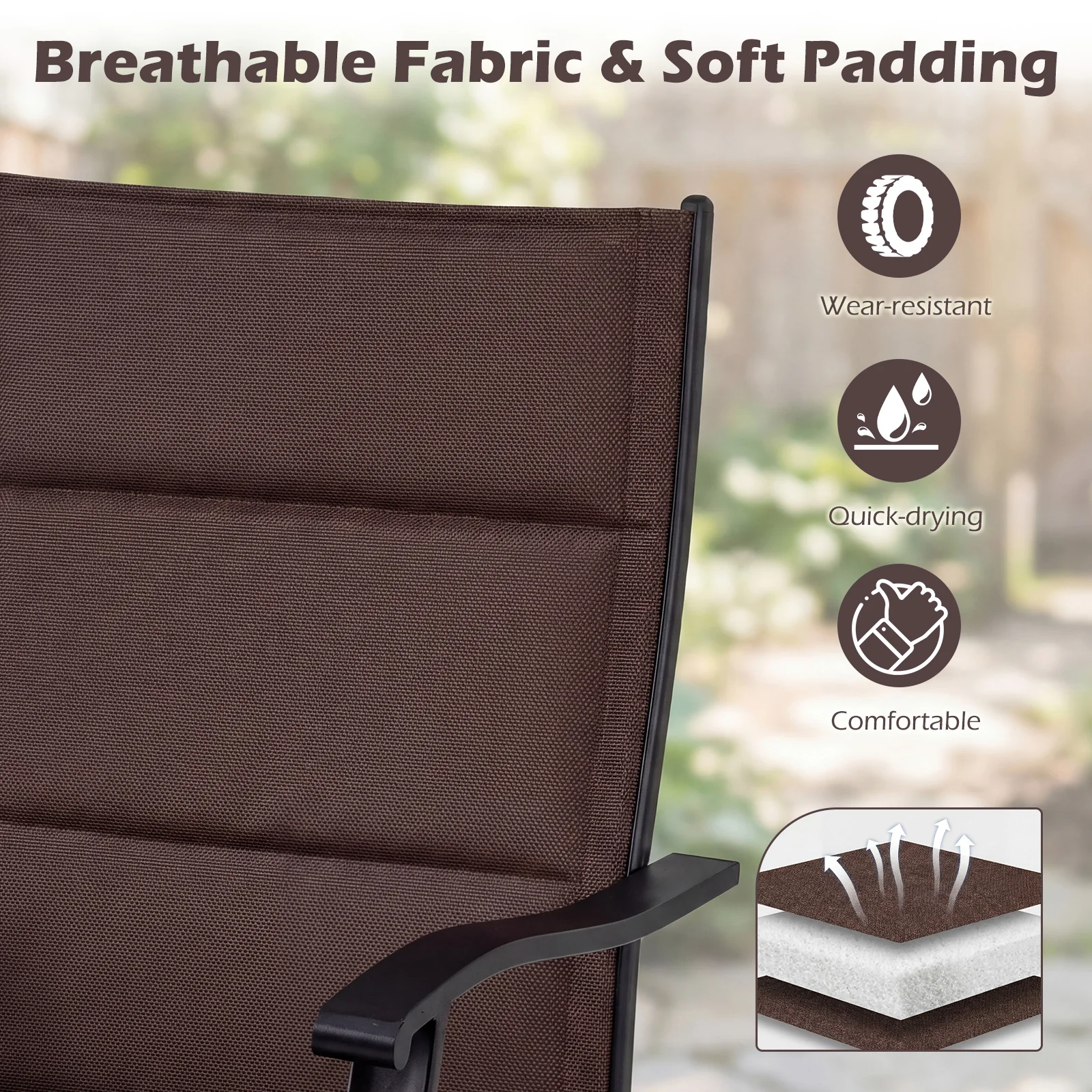 Padded Patio Swivel Chairs Set of 2 Ergonomic Outdoor Dining Chairs with Breathable Fabric, Brown - Image 9