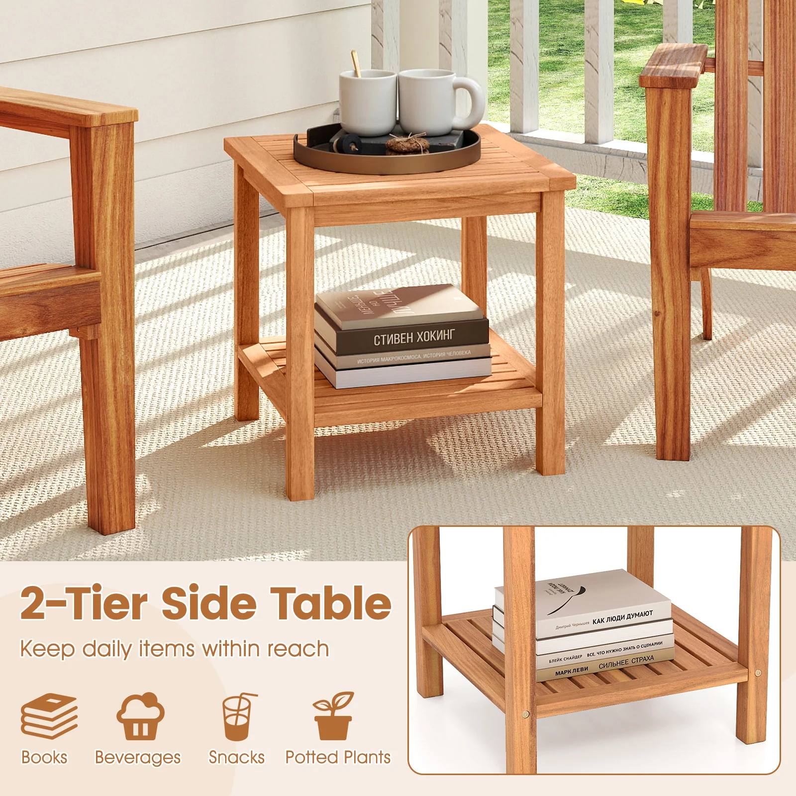 Patio Acacia Wood Side Table Set of 2 with Slatted Tabletop and Storage Shelf - Image 10