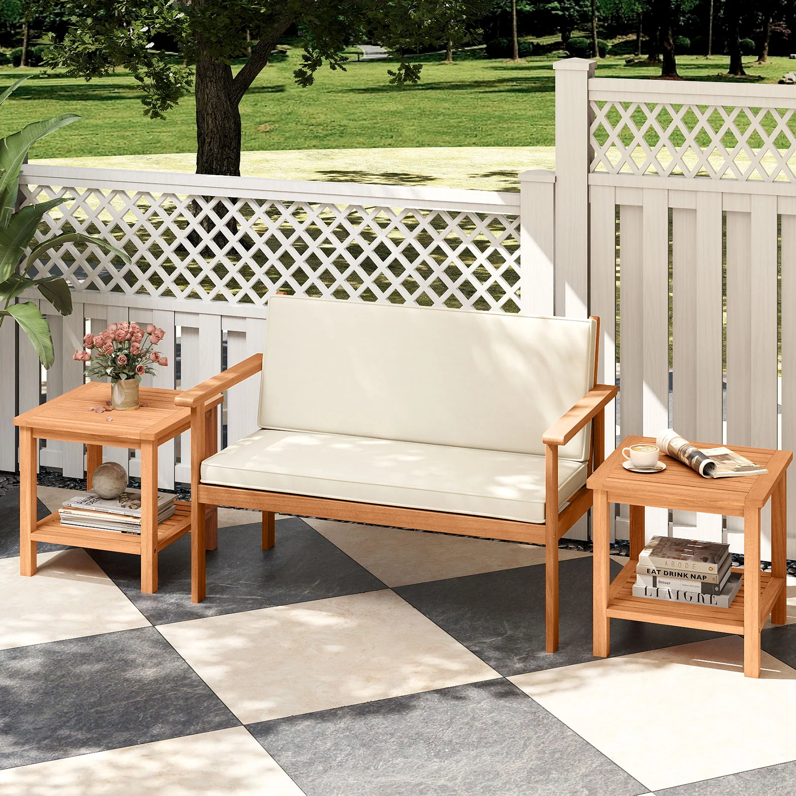 Patio Acacia Wood Side Table Set of 2 with Slatted Tabletop and Storage Shelf - Image 2