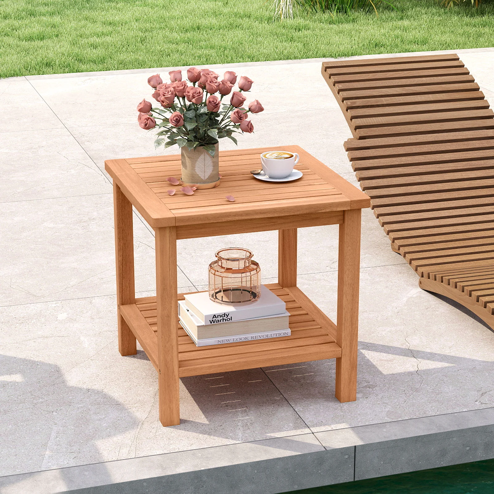 Patio Acacia Wood Side Table Set of 2 with Slatted Tabletop and Storage Shelf - Image 3