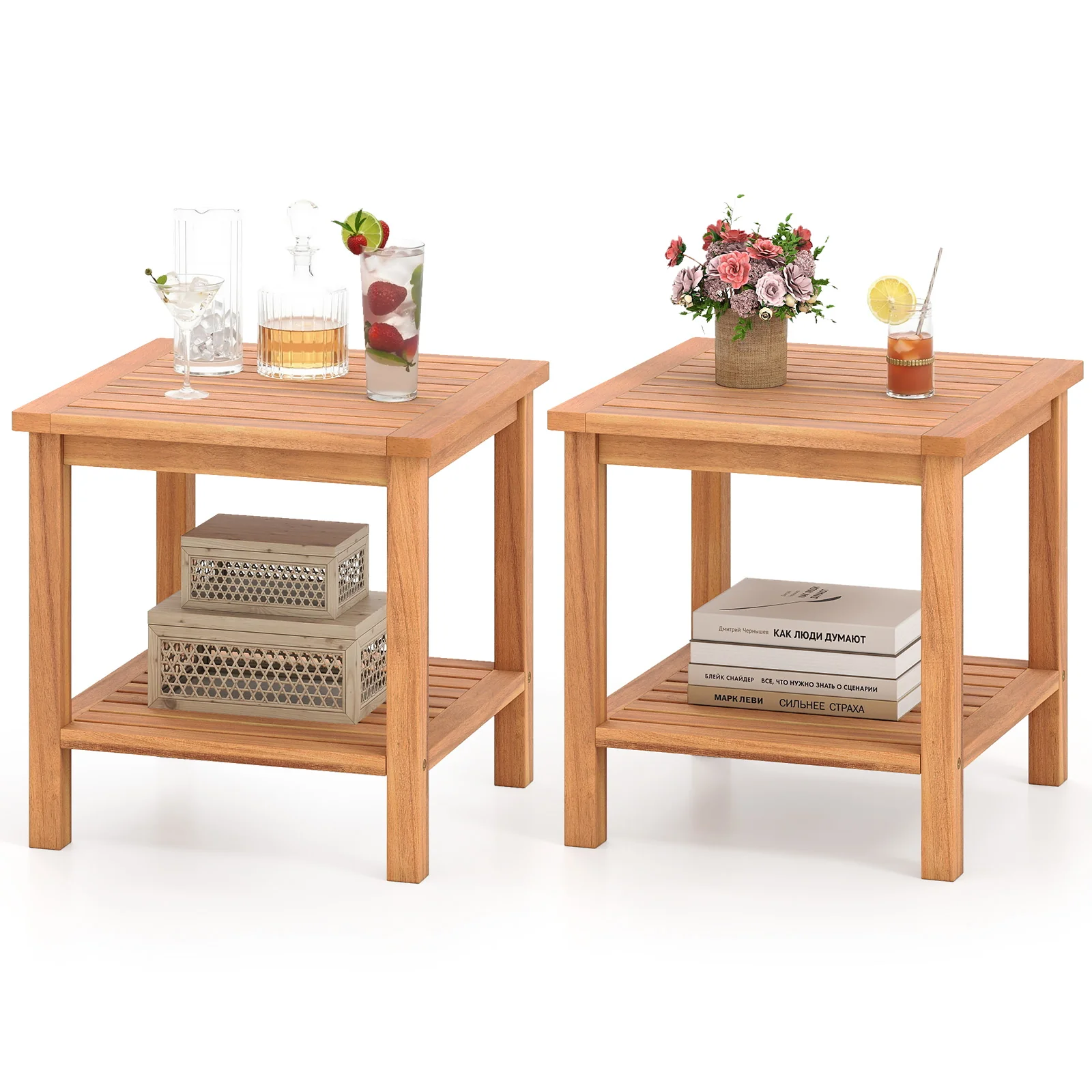 Patio Acacia Wood Side Table Set of 2 with Slatted Tabletop and Storage Shelf - Image 4