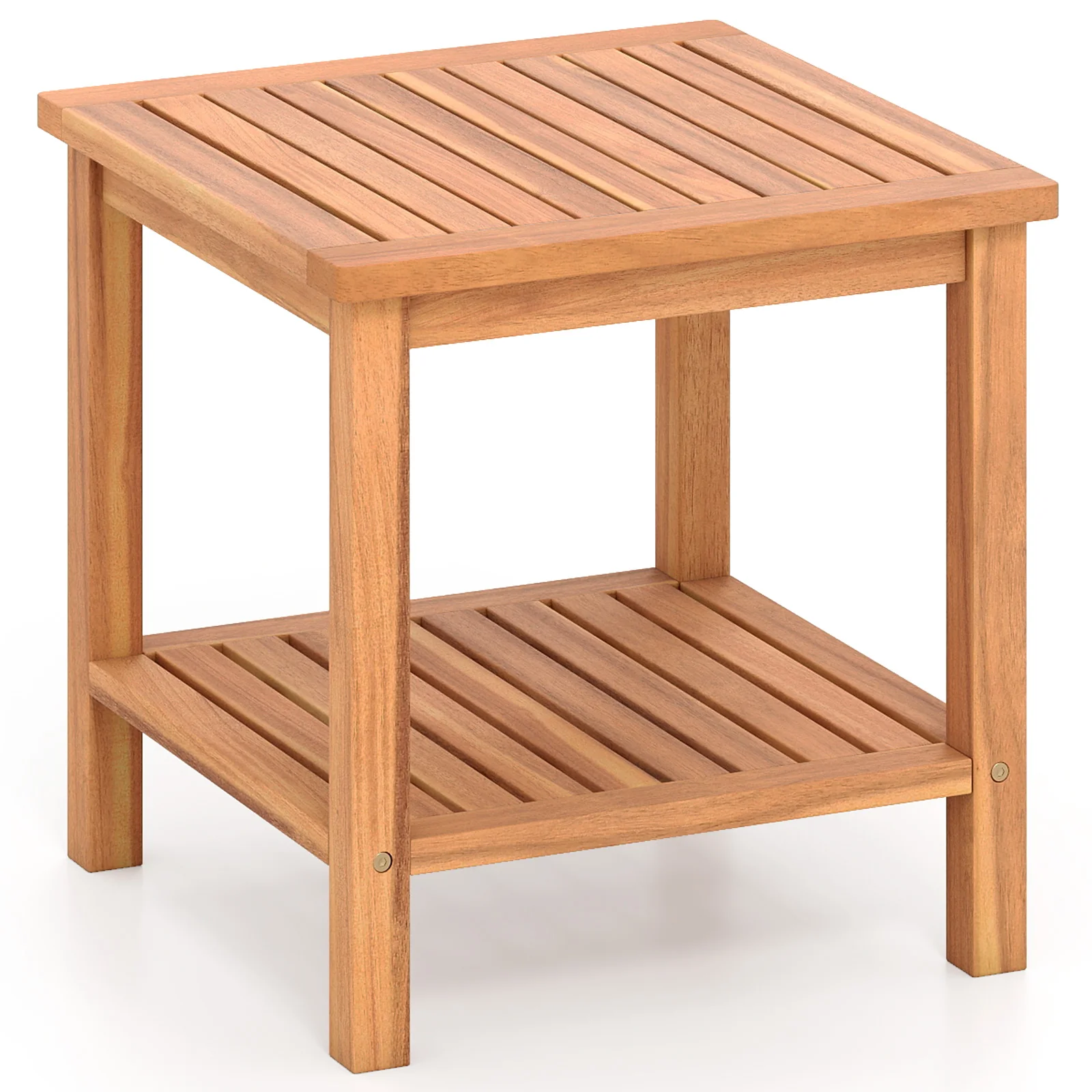 Patio Acacia Wood Side Table Set of 2 with Slatted Tabletop and Storage Shelf - Image 5