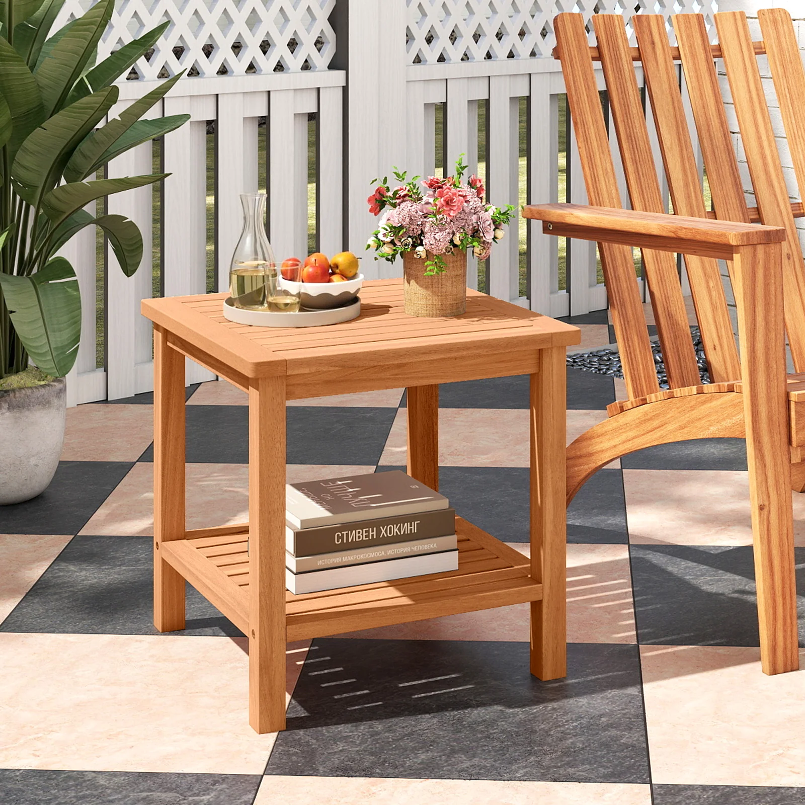 Patio Acacia Wood Side Table Set of 2 with Slatted Tabletop and Storage Shelf - Image 7