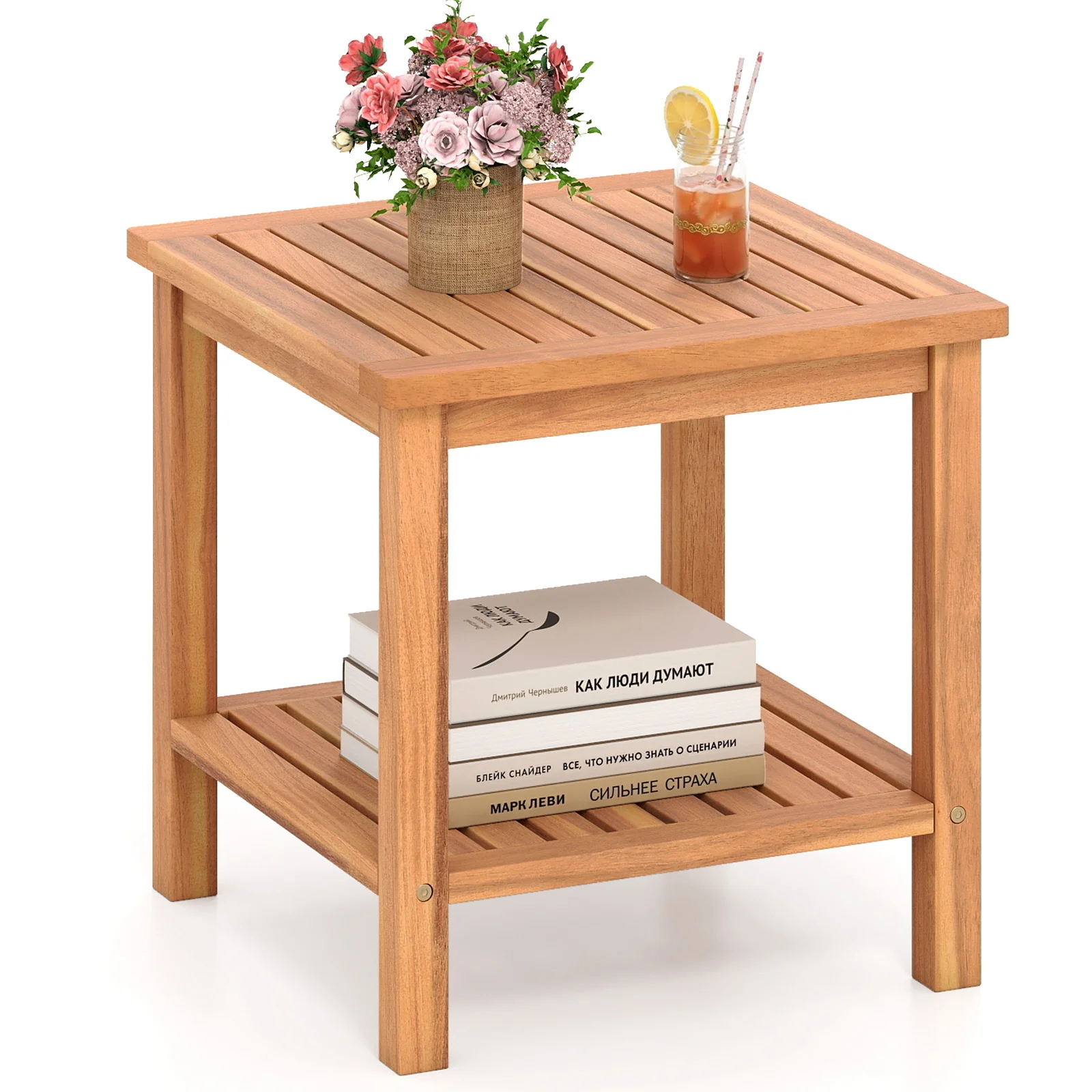 Patio Acacia Wood Side Table Set of 2 with Slatted Tabletop and Storage Shelf - Image 8