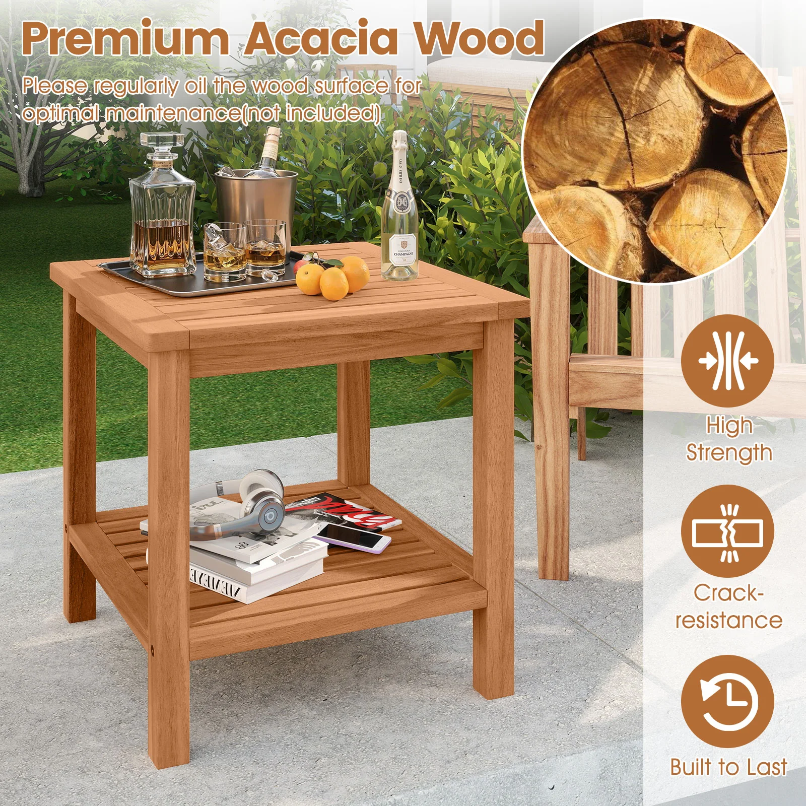 Patio Acacia Wood Side Table Set of 2 with Slatted Tabletop and Storage Shelf - Image 9